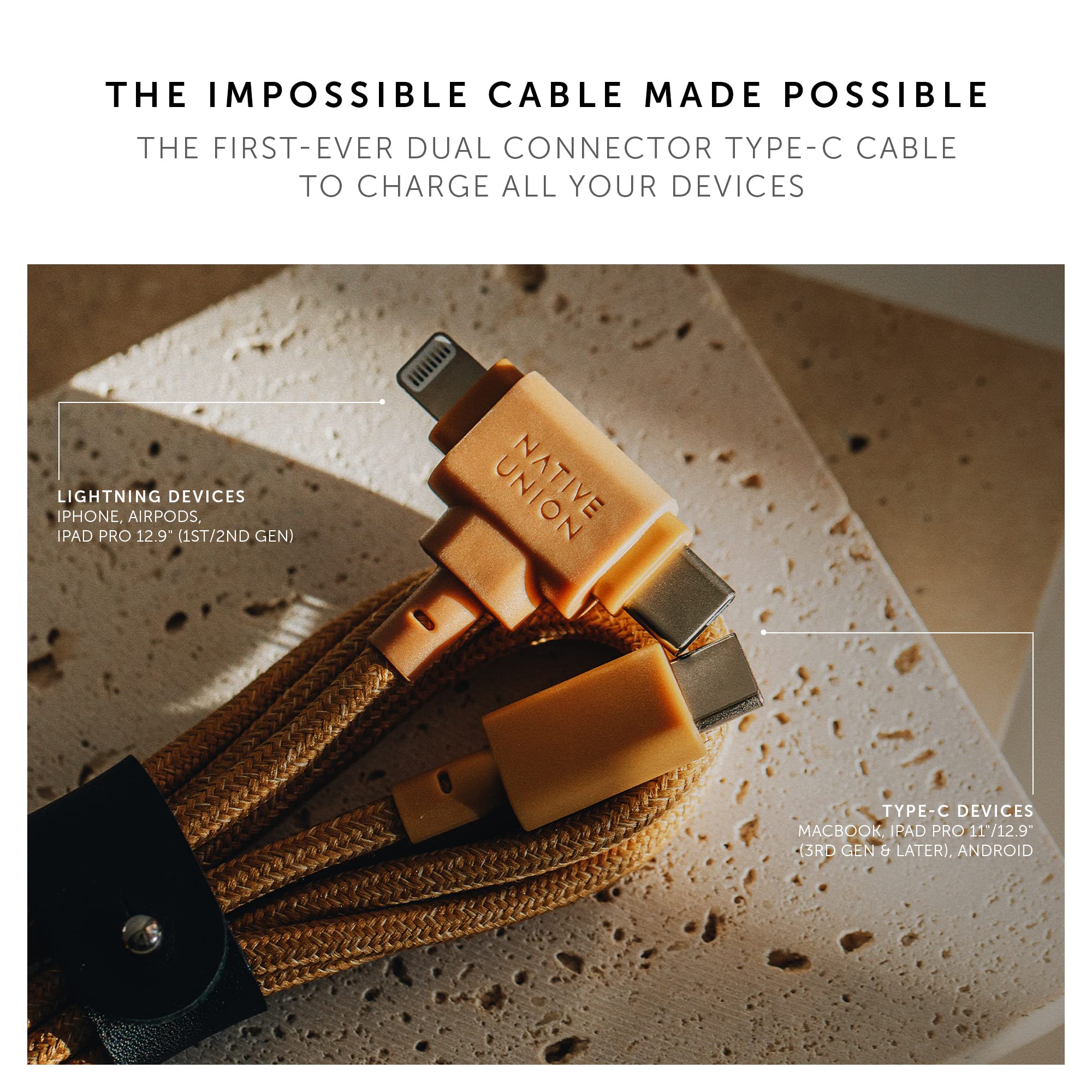 Native Union Belt Cable Duo – 5ft Ultra-Strong Braided Universal Charging Cable – Made with Recycled Materials – 2-in-1 Multi-Device MFi Certified Connectors for Lightning & Type-C Devices (Zebra)