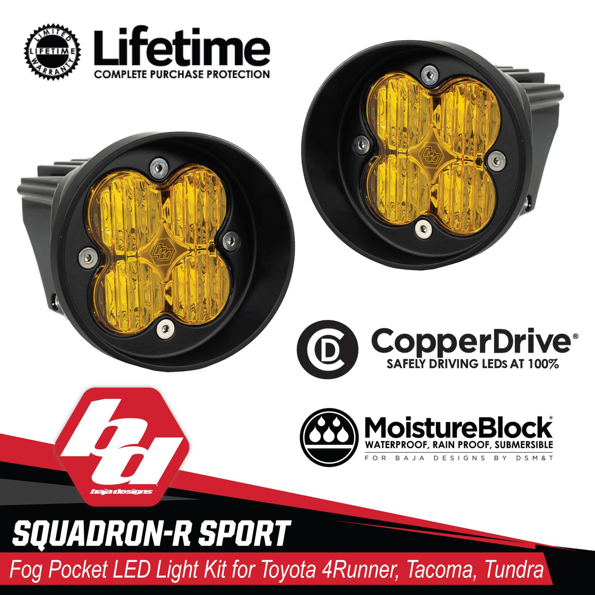 Baja Designs Squadron-R Sport LED Fog Light Kit for Toyota Tacoma 2012-24, Tundra 2014-24, 4Runner 2010-24, Set of 2 LED Lights (Wide Cornering Lens, Amber)