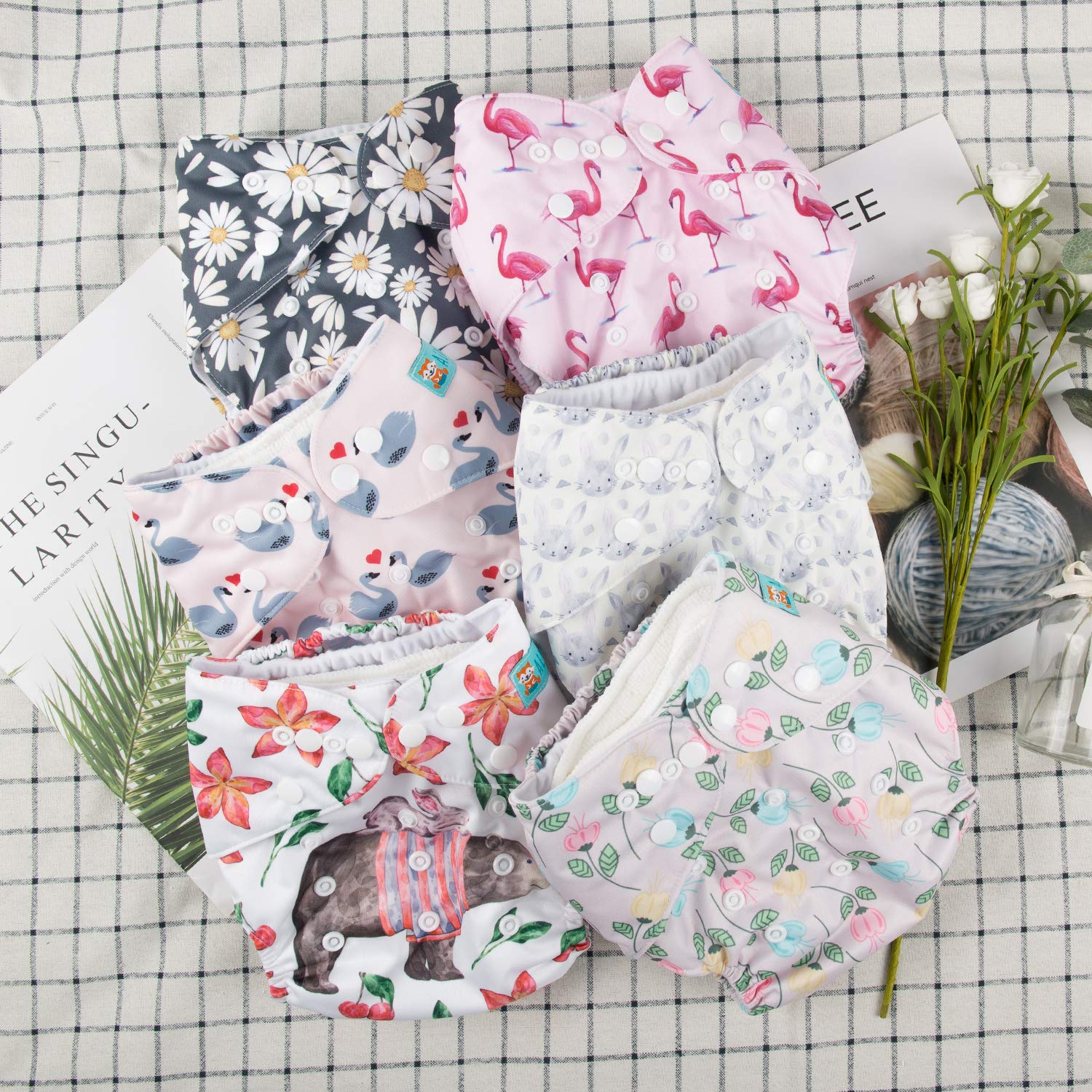 ALVA 6 Pack Cloth Diaper with 12 Inserts One Size Adjustable Washable Reusable Diaper Cover for Baby Girls and Boys