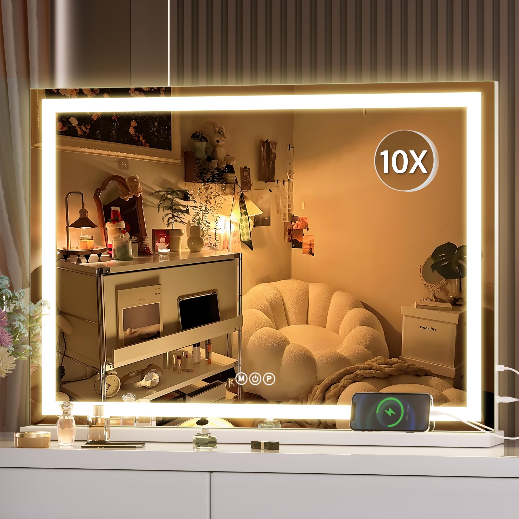 Hasipu Vanity Mirror with Lights, 28" x 20" LED Makeup Mirror, Lighted Makeup Mirror with Dimmable 3 Modes, Touch Screen Control Vanity Mirror Square White