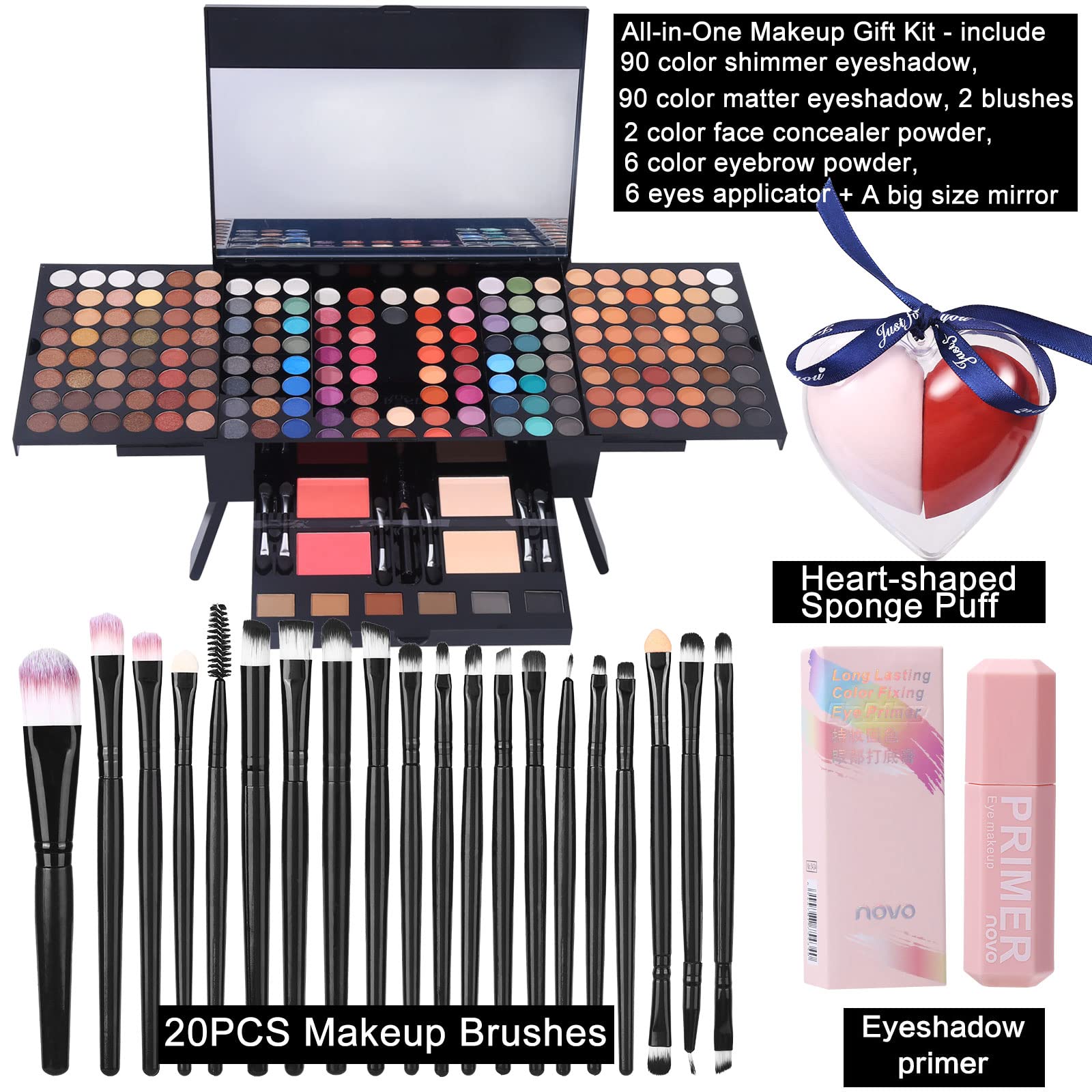 Makeup Gift Sets For Women - 190 Colors Makeup Palette Include Eyeshadow, Blushes, Eyebrow Powder,Eye Pencil,Mirror+20Pcs Makeup Brushes+Eyeshadow Primer+2Pcs Sponge Puff Make Up Set (Makeup Set A)