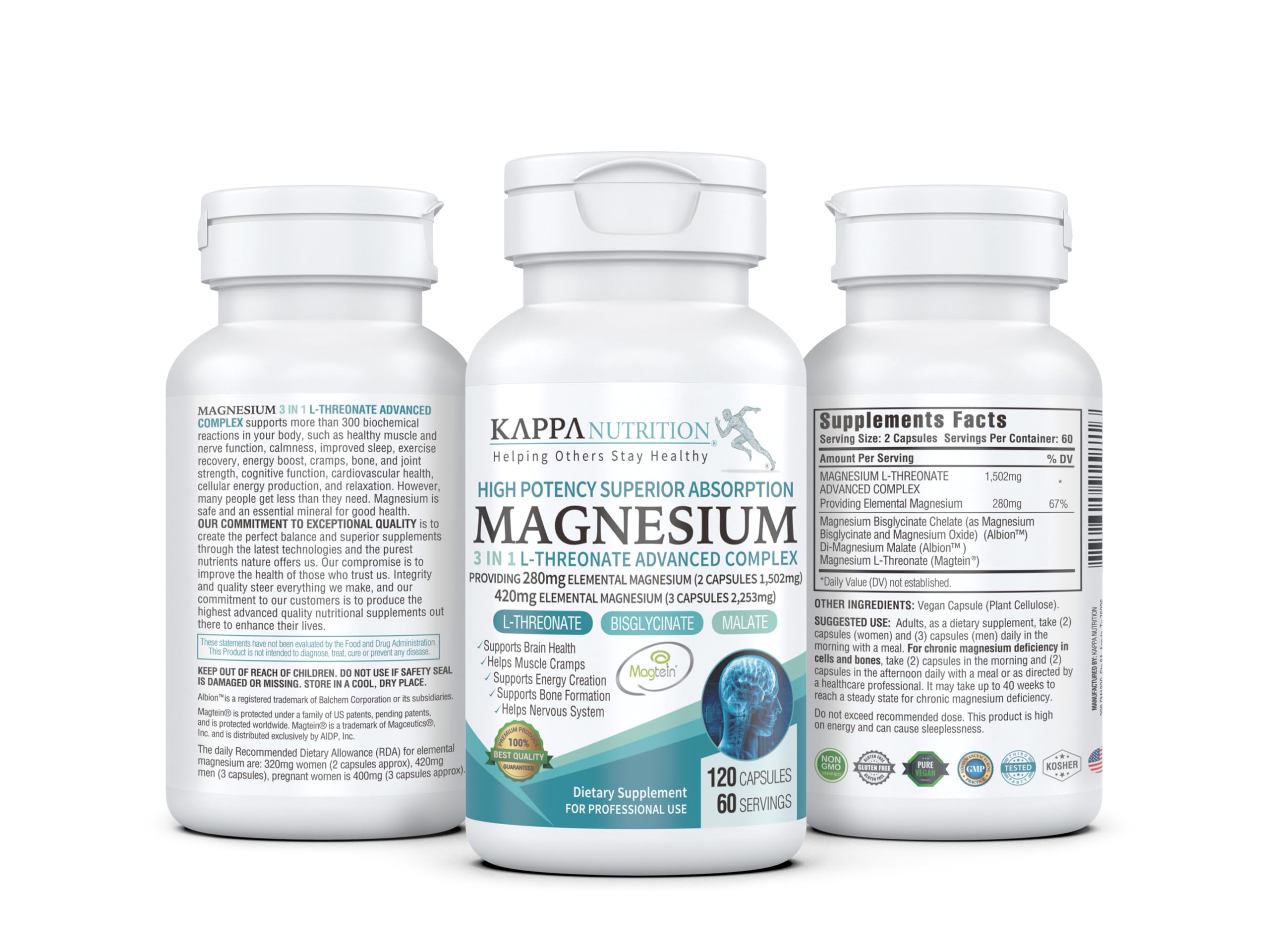 (120 Capsules), 2,253mg Per Serving, Providing 420mg Elemental Magnesium, L-Threonate, Bisglycinate Chelate, Malate, from Kappa Nutrition.