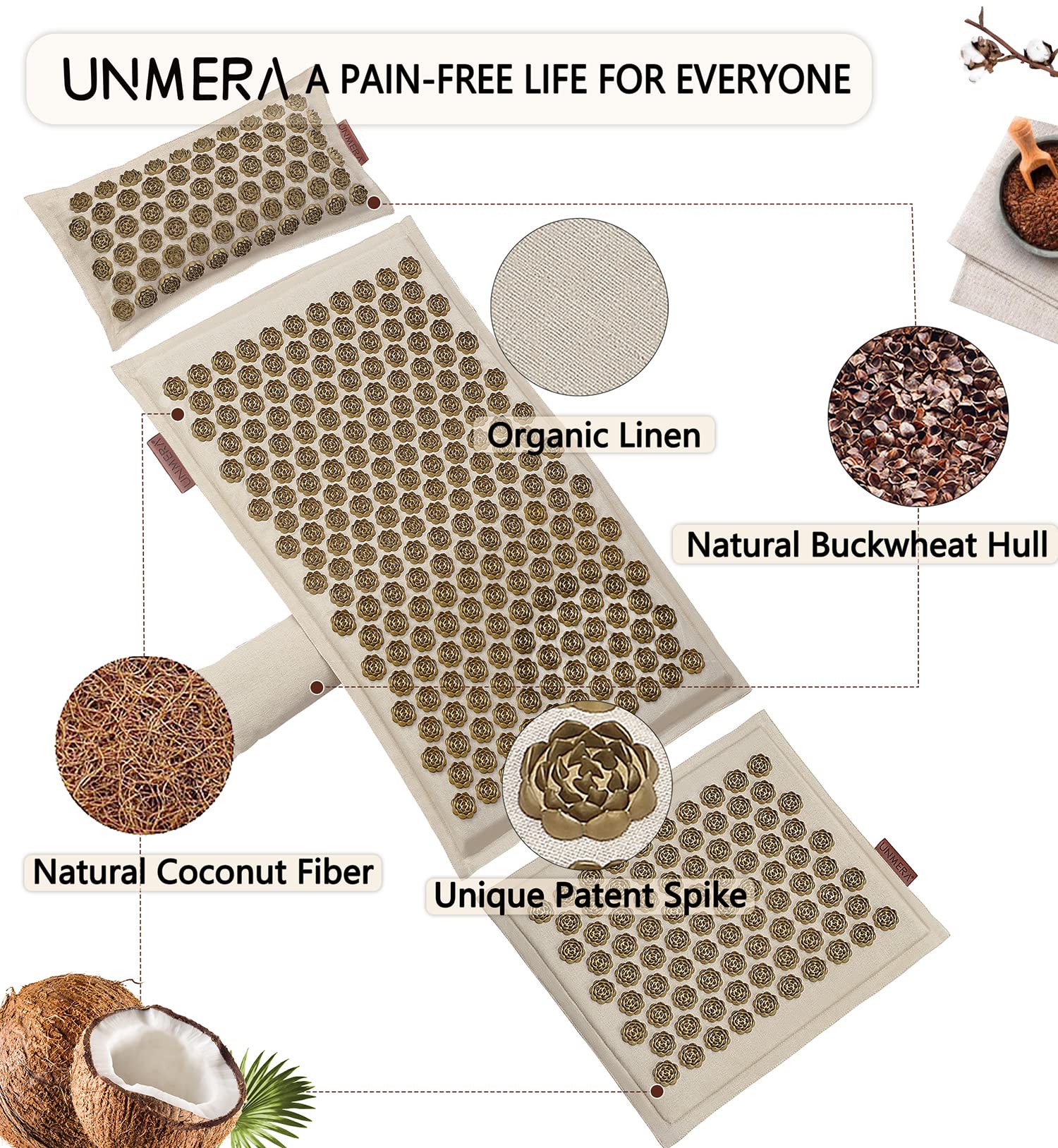 UNMERA Acupressure Mat and Pillow Set,Natural Premium Linen & Coconut Fiber Filling,FSA/HSA Eligible,for Back/Neck Pain Relief, Sciatic, Headache and Muscle Relaxation, Comes with Carrying Bag