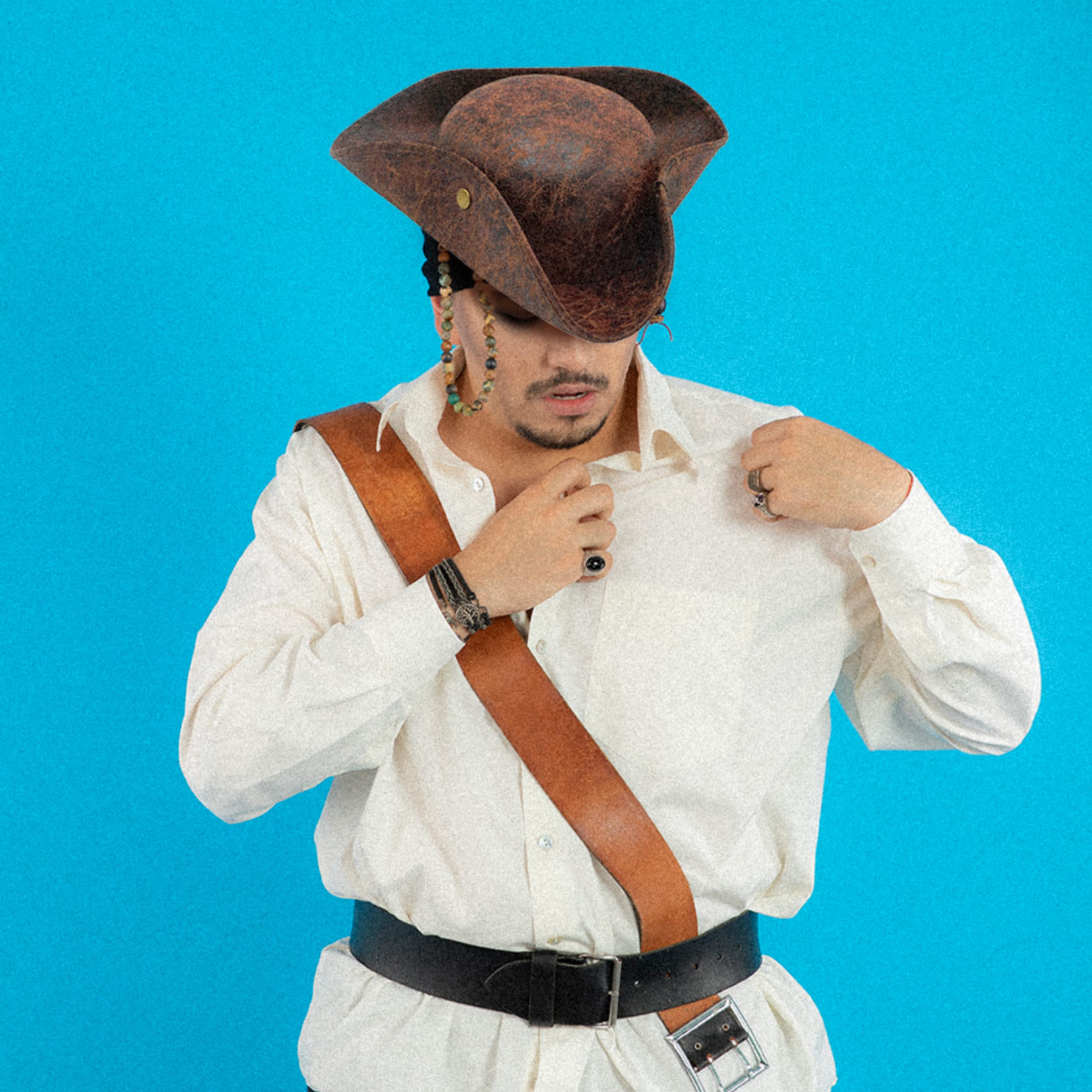 4E's Novelty Brown Faux Leather Pirate Hat for Adult Men Women Tricorn Hat for Halloween Pirate Costume Accessories