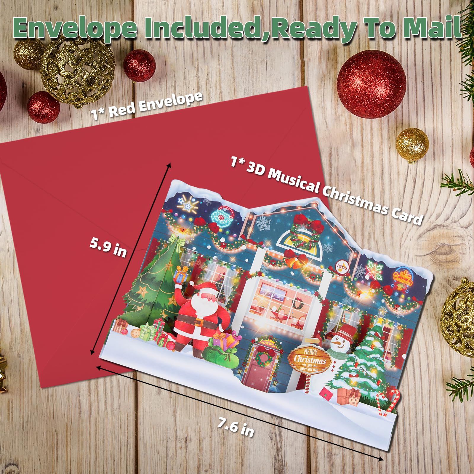 MZD8391 Musical & Lights Animated Christmas Home Cards, 3D Pop Up Christmas Cards, Playing 3 Christmas Songs with 3 Matching Lights Blinking Modes