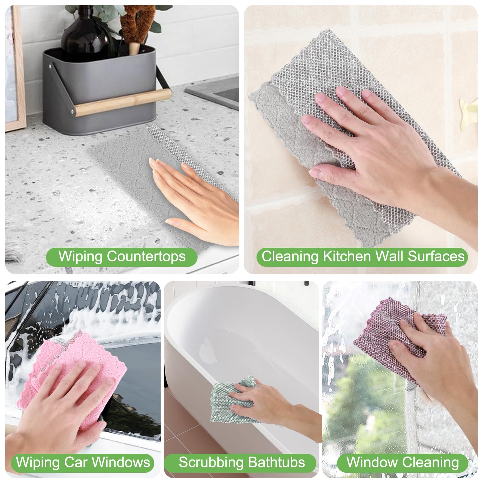 SAYAPE Double-Sided Cleaning Rags - Multipurpose Non Scratch Wire Dishcloth & Microfiber Cleaning Cloths - Reusable Dish Cloth for Kitchen, Car, and Housekeeping - 8-Pack - Gray/Green/Pink/Purple