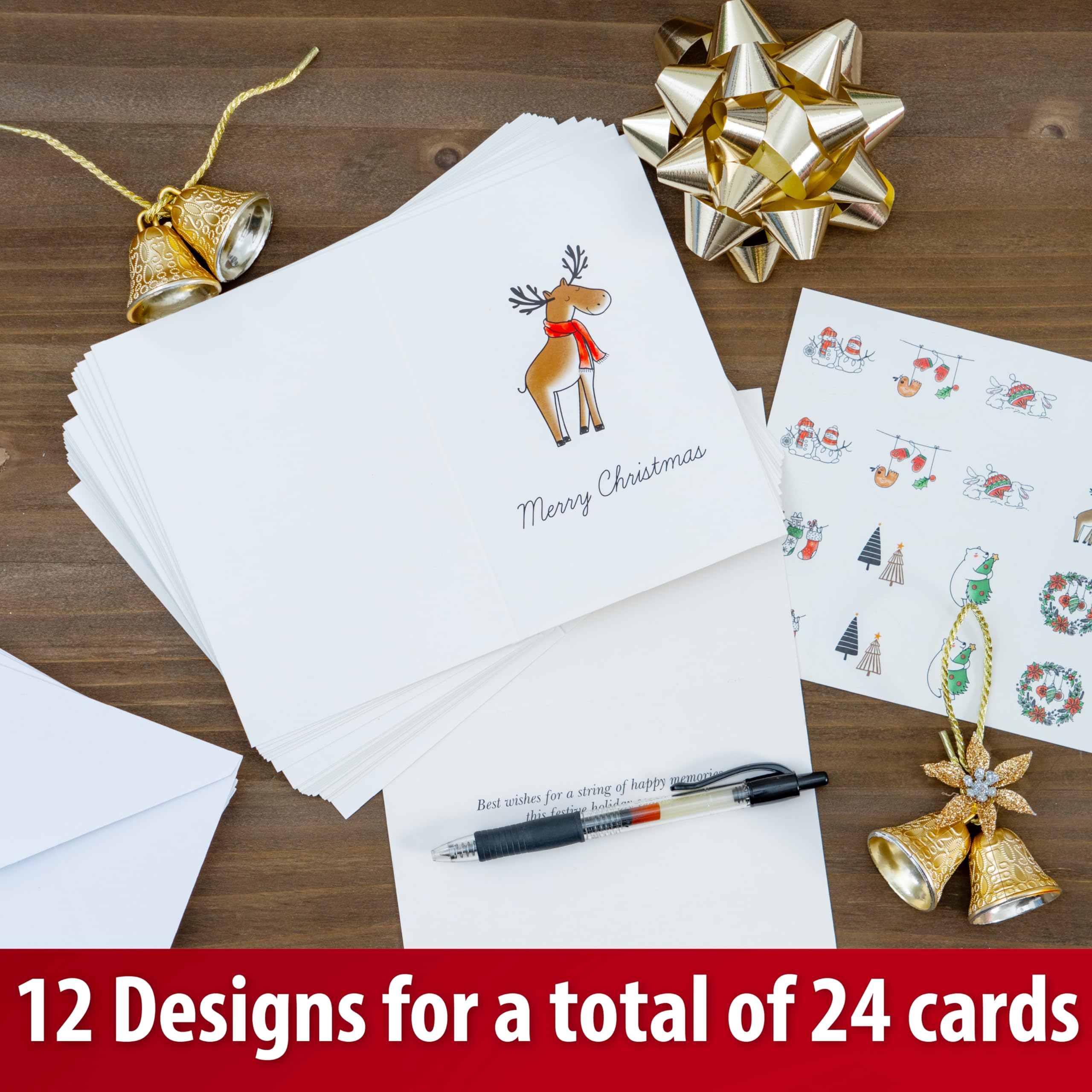 24 Pack Merry Christmas Cards 12 Festive Designs, with Printed White Envelopes, Stickers, and Inside Messages, Christmas Cards Bulk for Family, Friends, Business, Adults, Kids, Boys, and Girls, 4"x6"