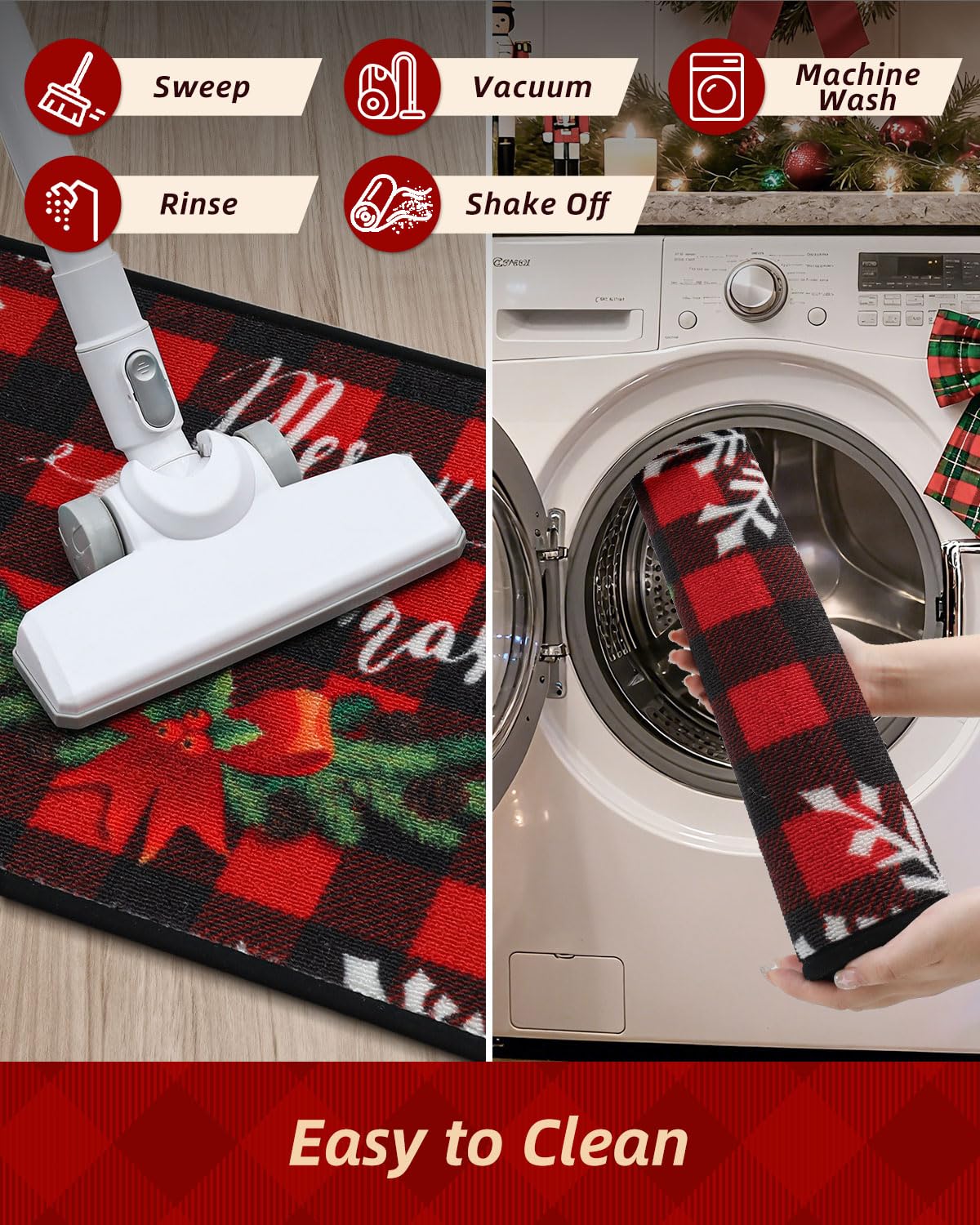 JSEI Christmas Kitchen Mats for Floor Set of 2, Red Buffalo Plaid Non-Slip Kitchen Rugs Merry Christmas Bow Tree Snowflake, Kitchen Floor Mat Washable Christmas Rug for Kitchen Decor, 17"x30"+17"x48"