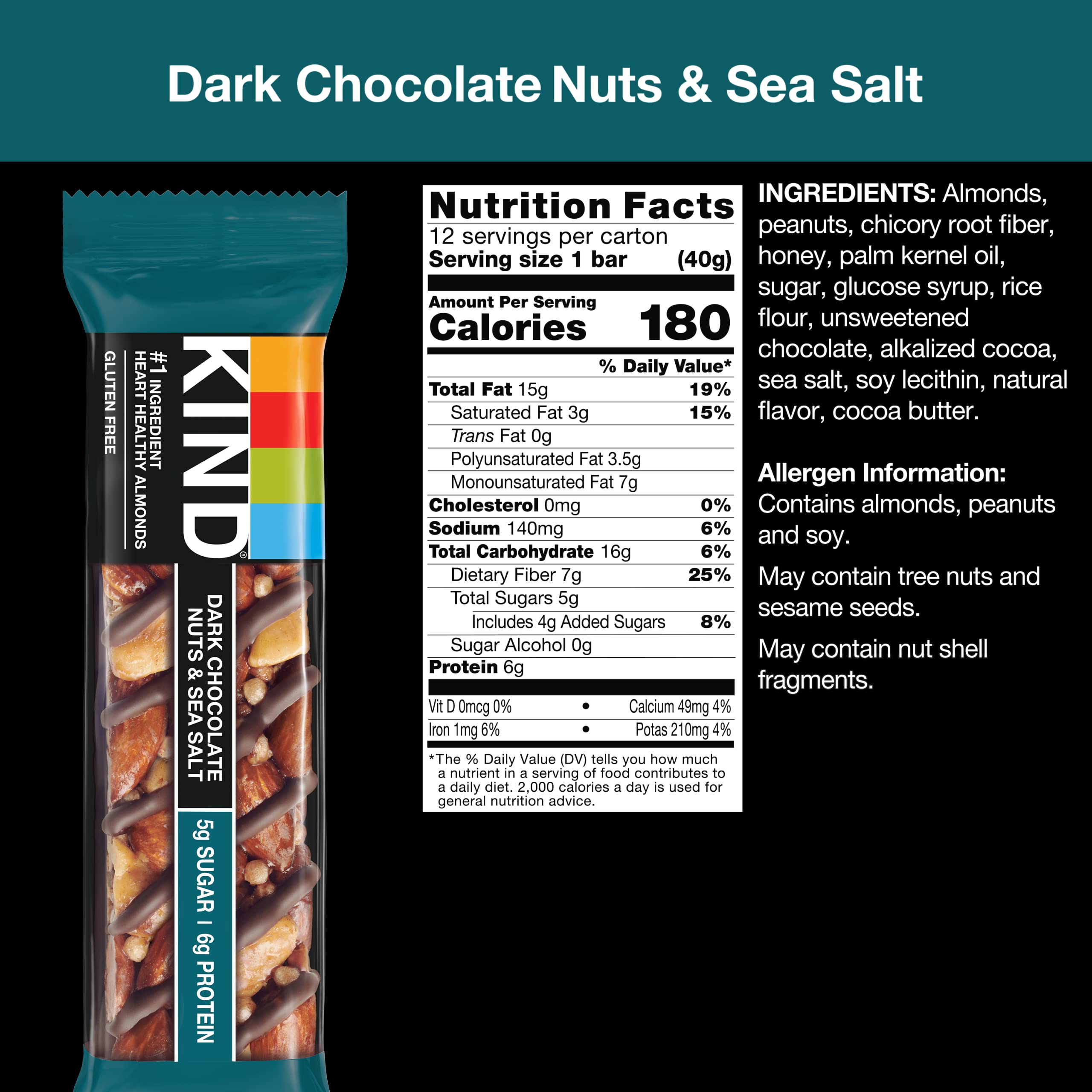 KIND Bars, Dark Chocolate Nuts and Sea Salt, Healthy Snacks, Gluten Free, Low Sugar, 6g Protein, 12 Count