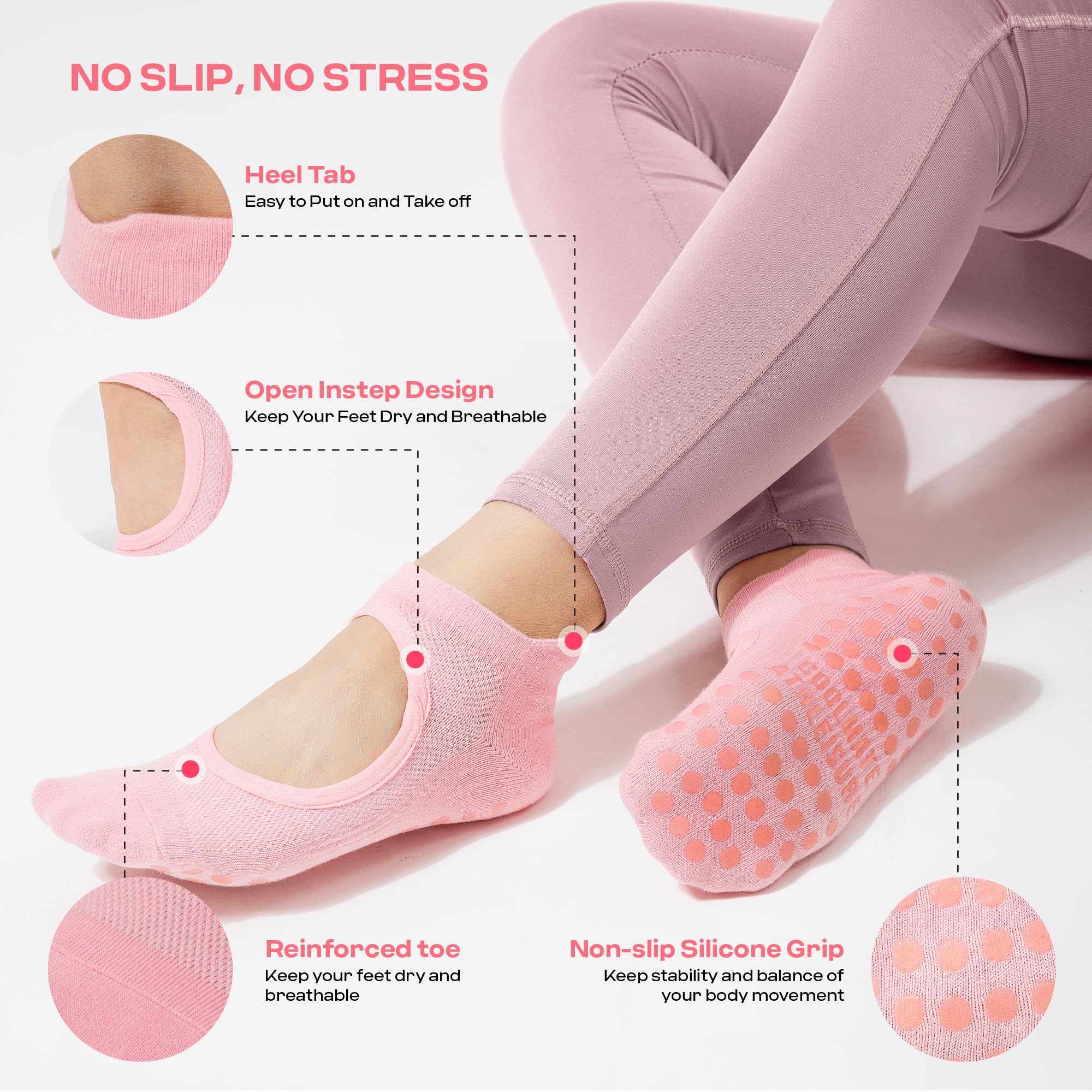 CoolMate Pilates Socks with Grips for Women, Yoga Socks, Crew Non Slip Women for Workout, Barre, Pilates Gifts (US, Numeric, 6, 10, Regular, Regular, 4 Pairs Open Top Pink/White/Light Purple/Black)