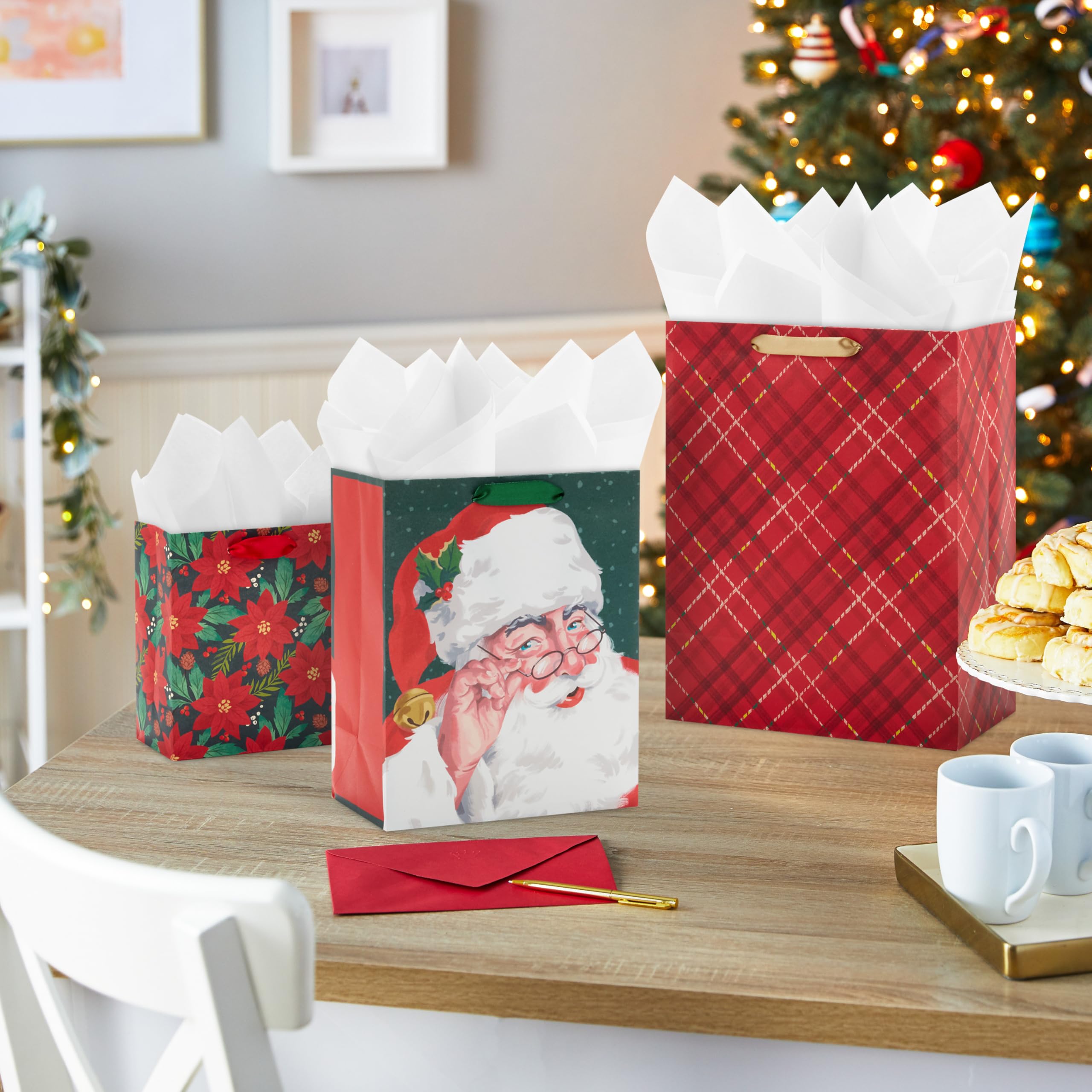 Hallmark Assorted Christmas Gift Bags (8 Bags: 3 Small 6", 3 Medium 9", 2 Large 13") Santa Claus, Red Plaid, Poinsettia Flowers