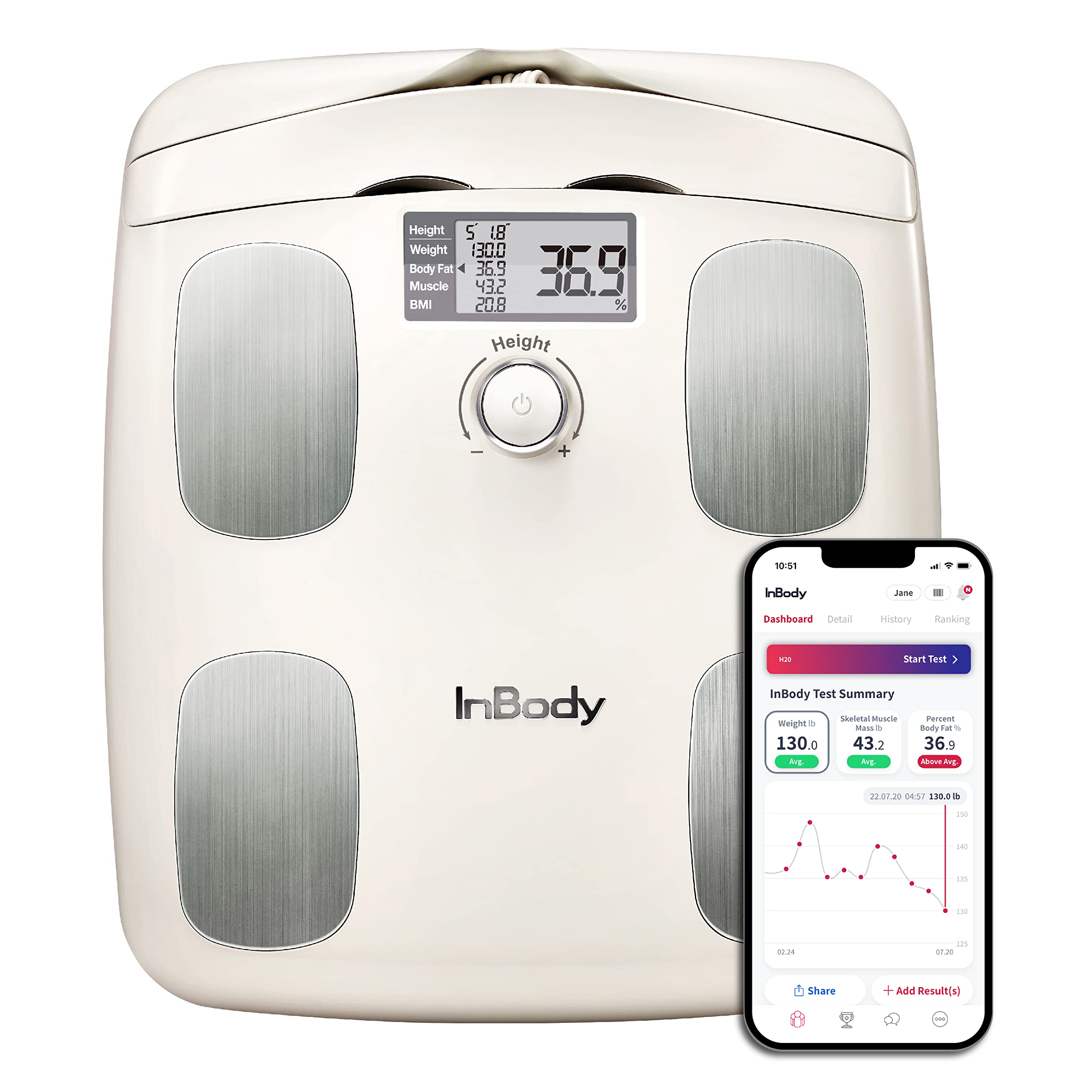 InBody Dial H20 Body Fat Scale - InBody Scale for Body Weight, Fat Percentage and Muscle Mass - Gym Accessory for Men & Women, Body Fat Measurement Device - Bluetooth-Connected, Oatmeal Beige