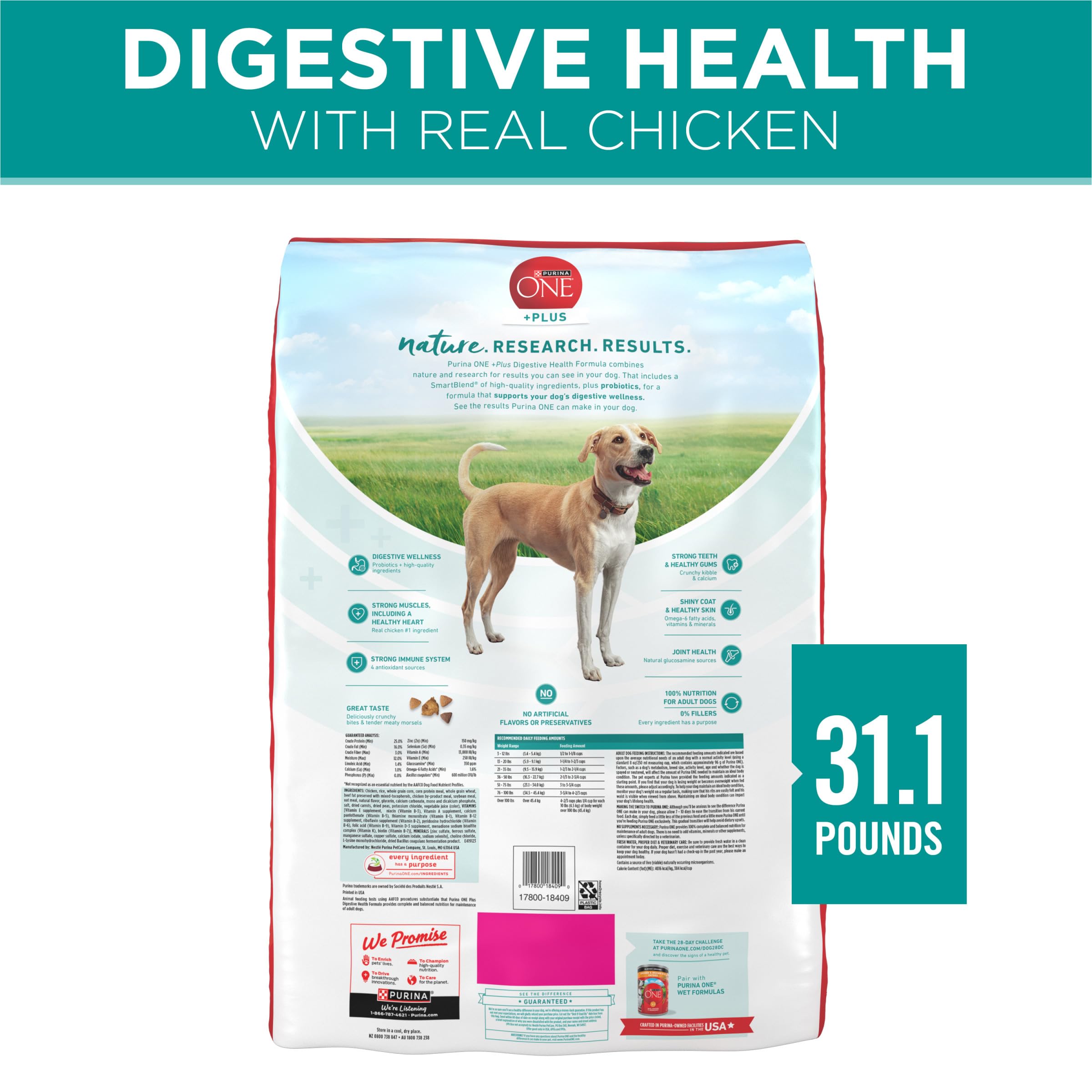 Purina One Plus Digestive Health Formula Dry Dog Food Natural with Added Vitamins, Minerals and Nutrients - 31.1 Lb. Bag