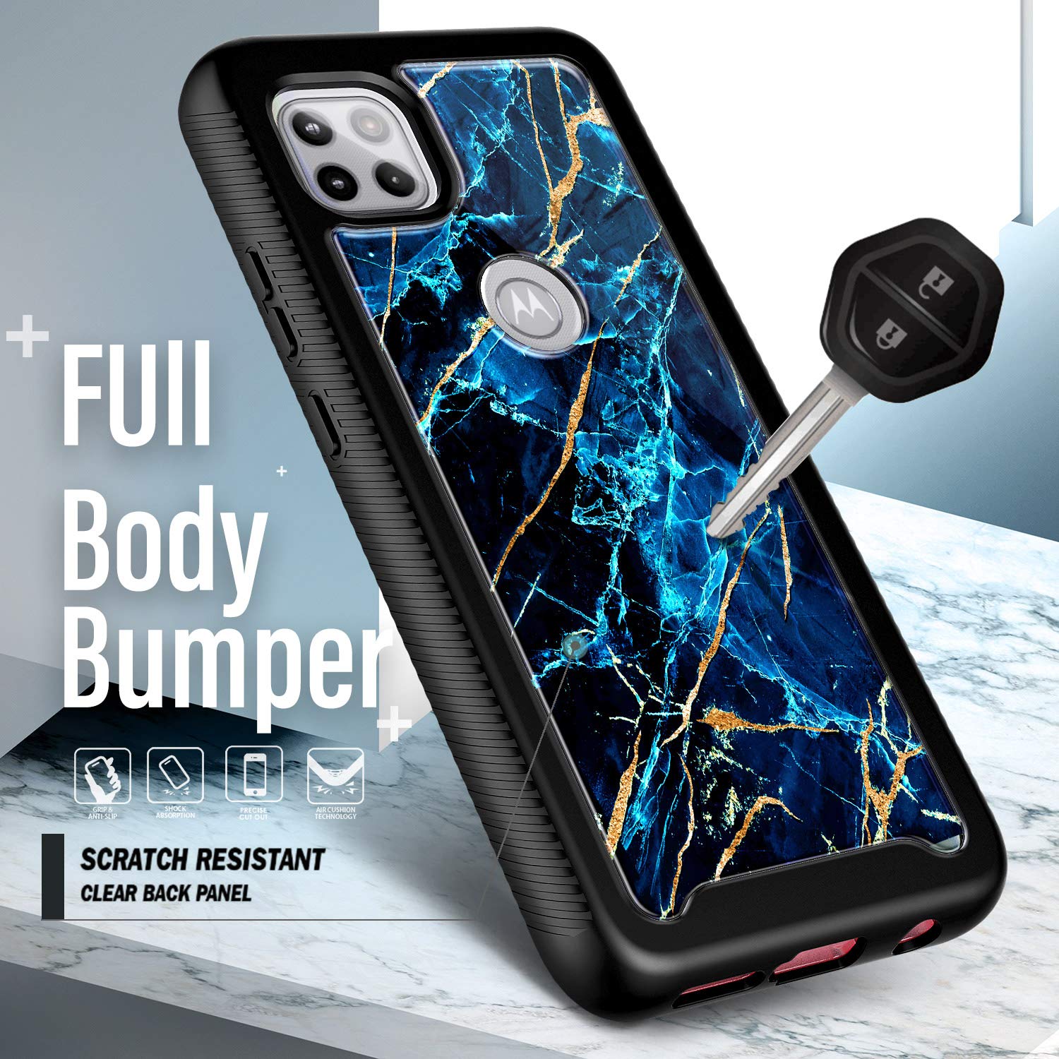 NZND for Motorola One 5G Ace (One 5G UW Ace) Case with Built-in Screen Protector, [16FT Military Grade Drop Tested] Full-Body Protective Shockproof Rugged Bumper Case (Marble Design Sapphire)