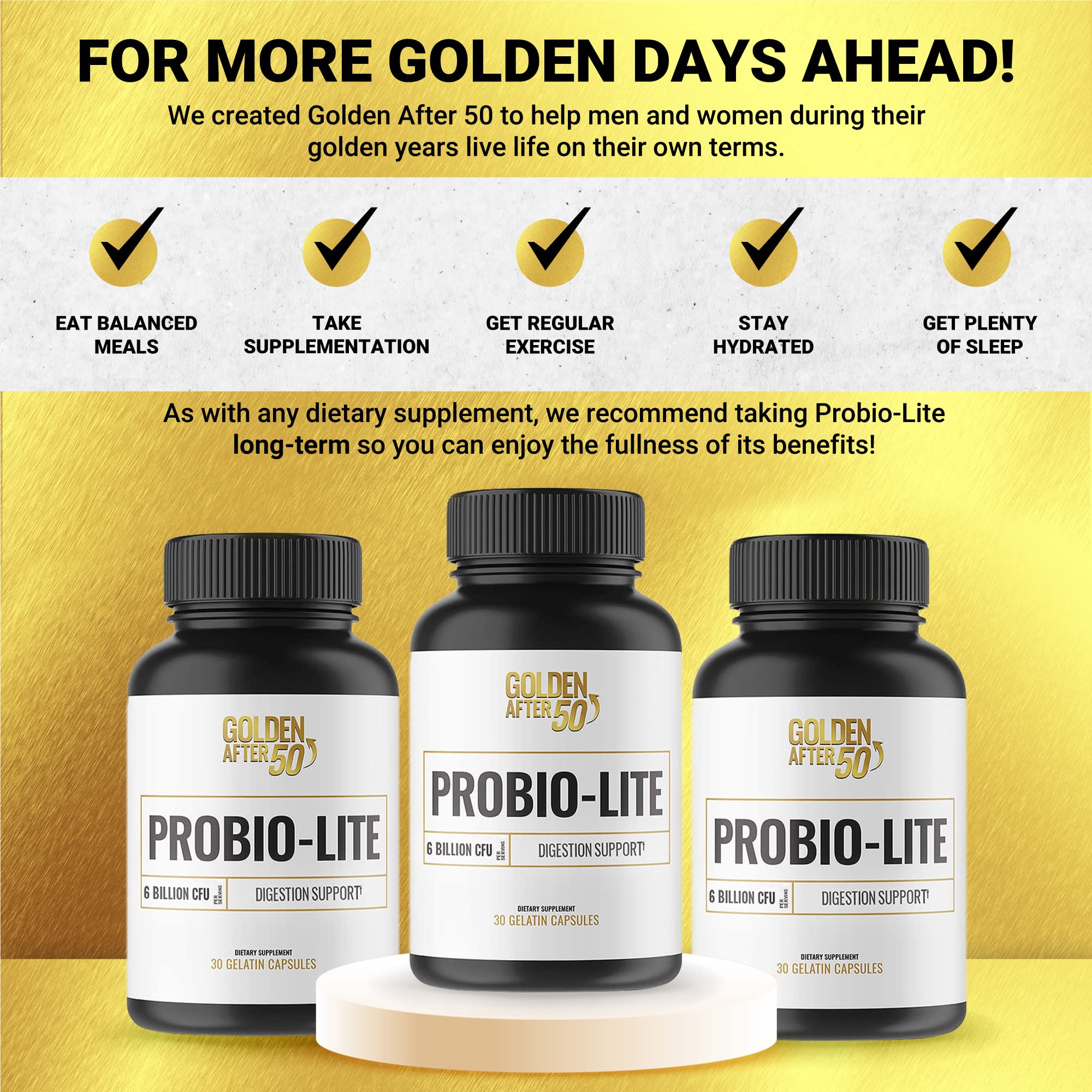 Golden After 50 Probio-Lite - for Gut Health and Digestion Support - Probiotics for Men and Women - 3 Bottles - Probiotics for Occasional Heartburn, Gas, Indigestion