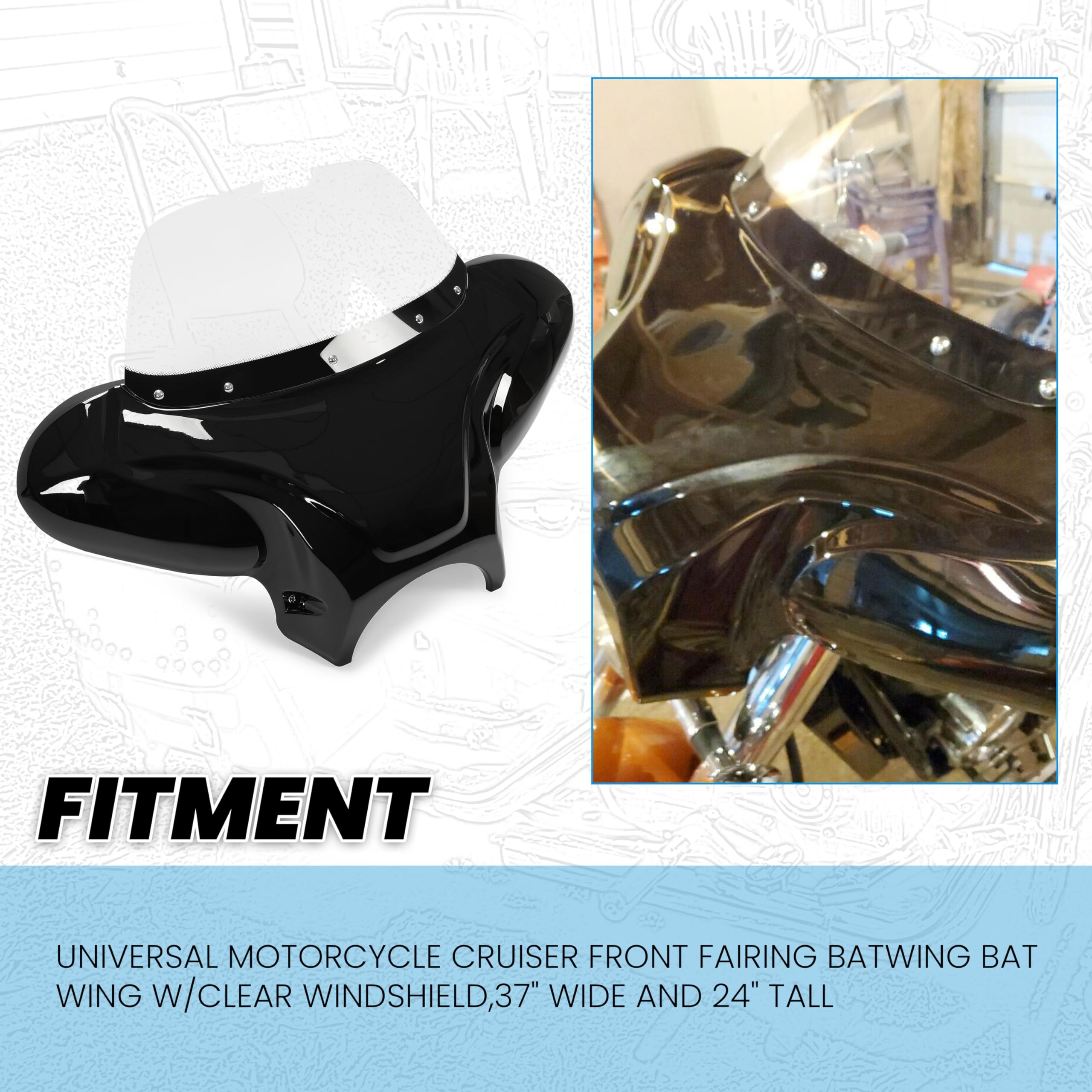 ECOTRIC Universal Motorcycle Cruiser Front Outer Fairing Batwing w/Clear Windshield 37" Wide x 24" Tall Bat Wing Transparent Black ABS Plastic Durable