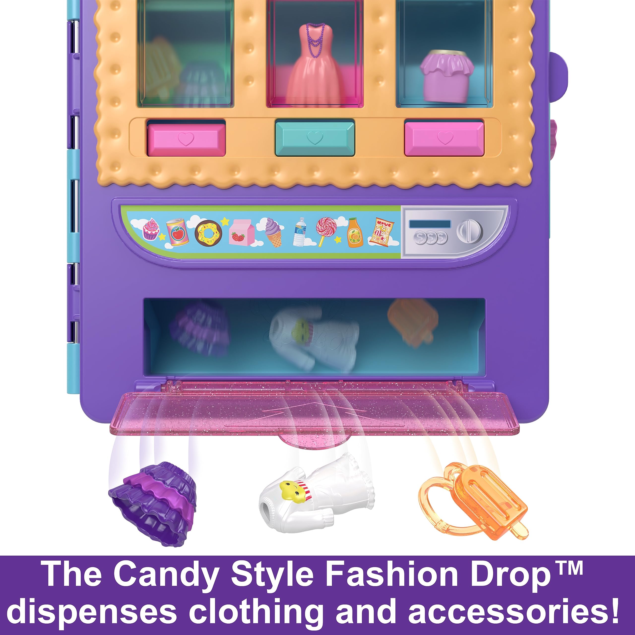 Polly Pocket Toy Vending Machine Playset, Candy Style Fashion Drop with 2 Dolls (3-inch), 1 Pet & 35+ Accessories