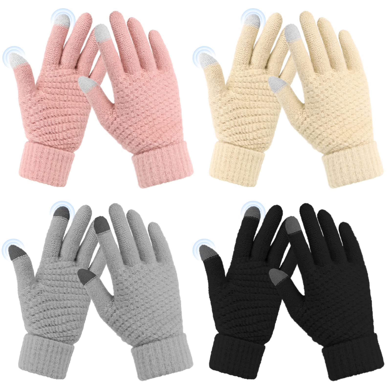 Omisy 4 Pairs Womens Gloves for Cold Weather, Women Christmas Gifts for Mom Wife, Stocking Stuffers for Adult Women, Winter Warm Gloves with Touchscreen - Black, Grey, Beige, Pink