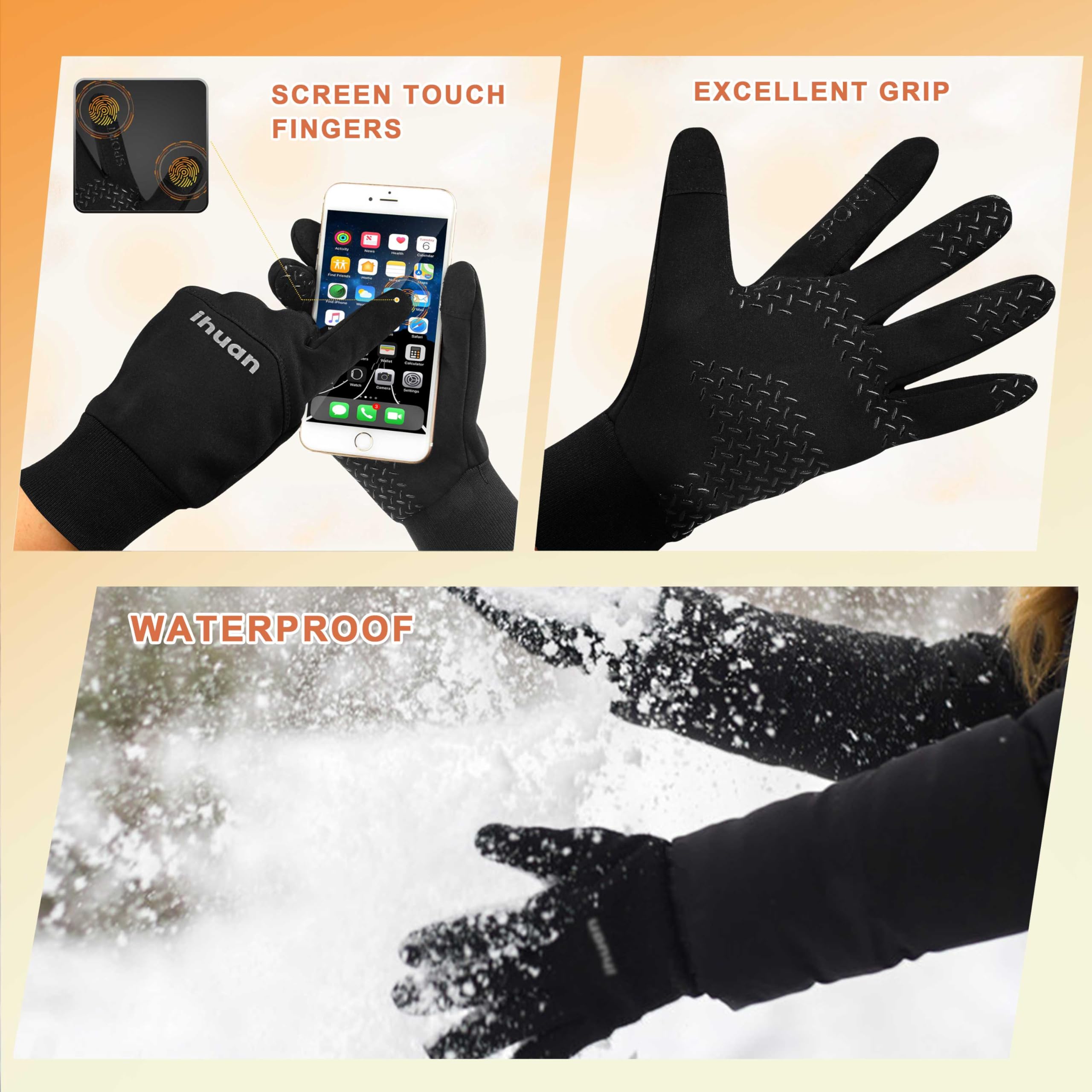 ihuan Winter Gloves for Men Women-Waterproof Running Cycling Glove for Cold Weather, Thermal Warm Windproof Gloves Touch Screen Finger for Skiing Snow Driving Snowboarding