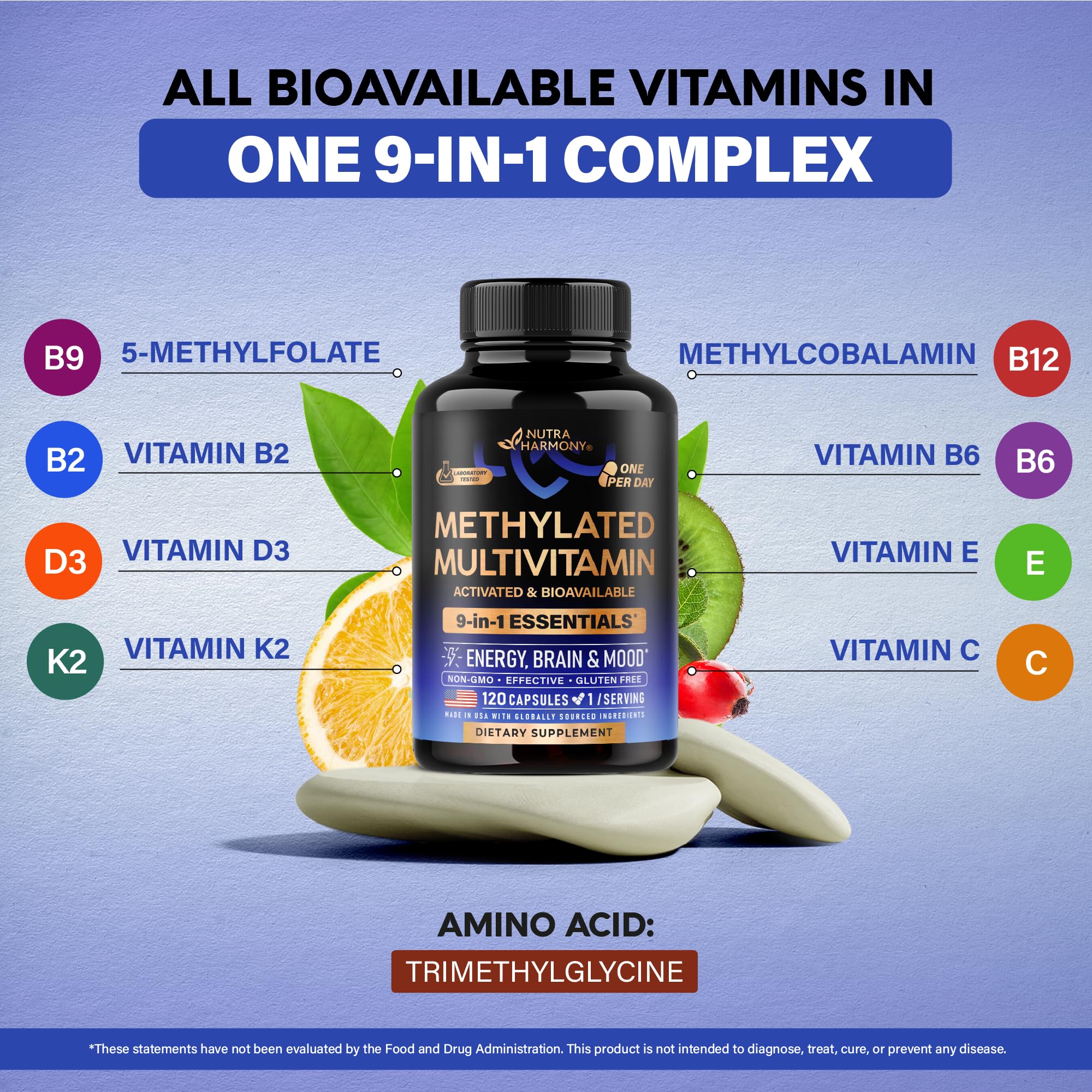 Methylated Multivitamin - B2, B6, 5-MTHF & B12 | Antioxidants C & E | Vitamin D3 & K2 - for Men & Women - 9-in-1 MTHFR Supplement with TMG - Energy, Brain & Mood - Vegan - Made in USA - 120 Capsules