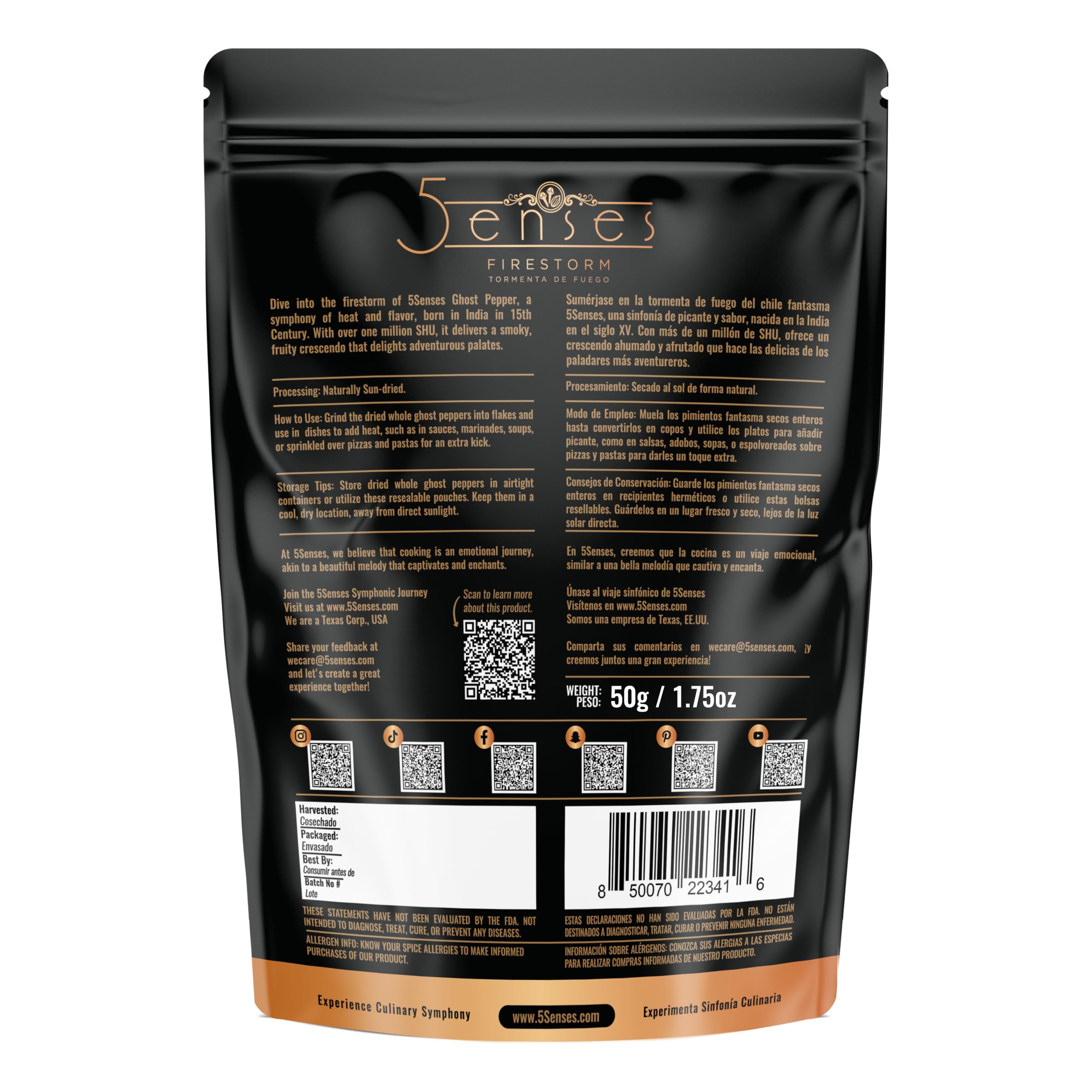 5Senses Dried Whole Ghost Peppers | Bhut Jolokia, Chile Fantasma | Firestorm | Single Origin, 100% Natural, Non-GMO, Fairtrade, Vegan Spice, Whole Chili Pods | Assam Ghost Chili | Naga Jolokia | Super Hot Pepper | Extreme Heat Chili (1.75oz/50g)