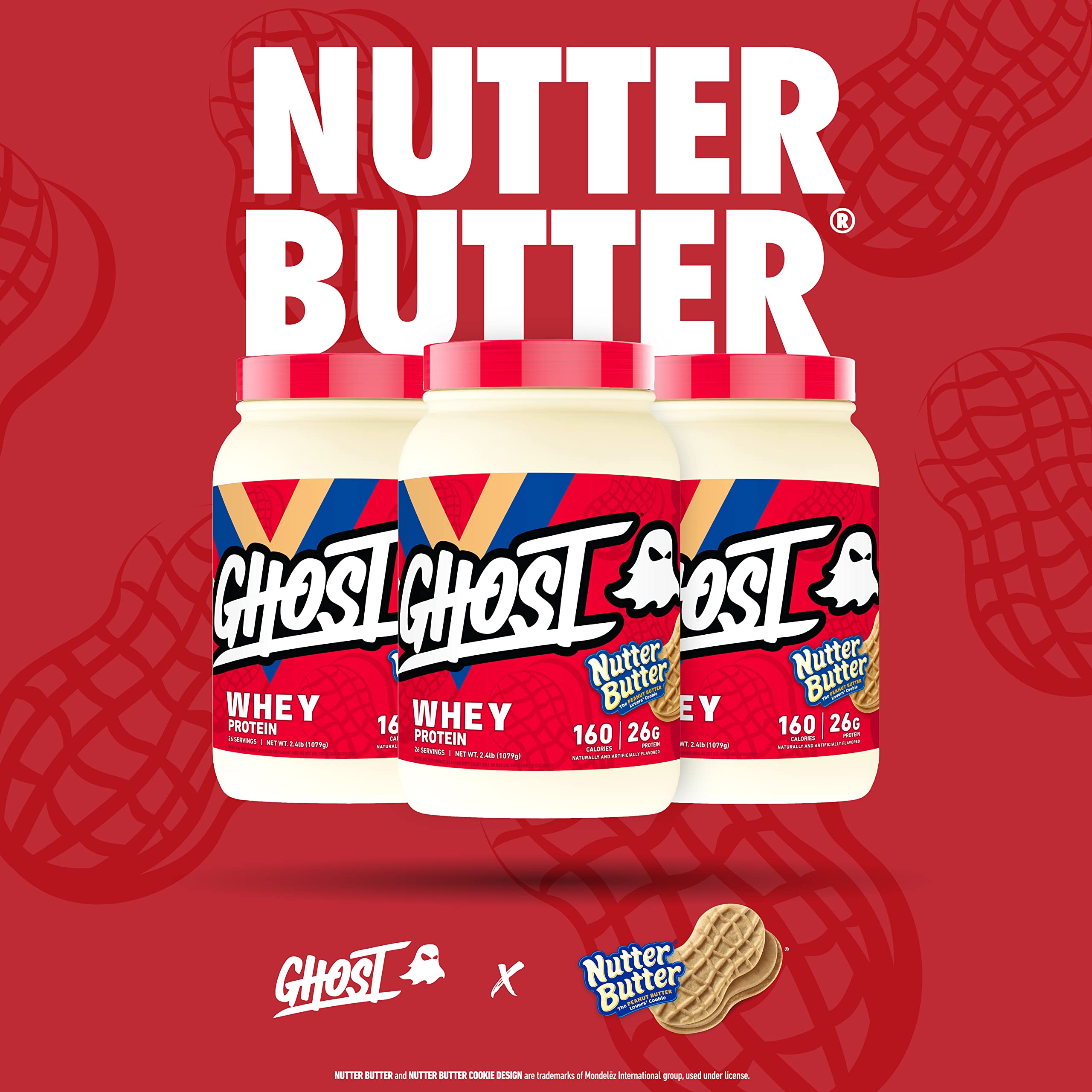 GHOST Whey Protein Powder, Nutter Butter - 2.4LB Tub, 26G of Protein - Peanut Butter Cookie Flavored Isolate, Concentrate & Hydrolyzed Whey Protein Blend