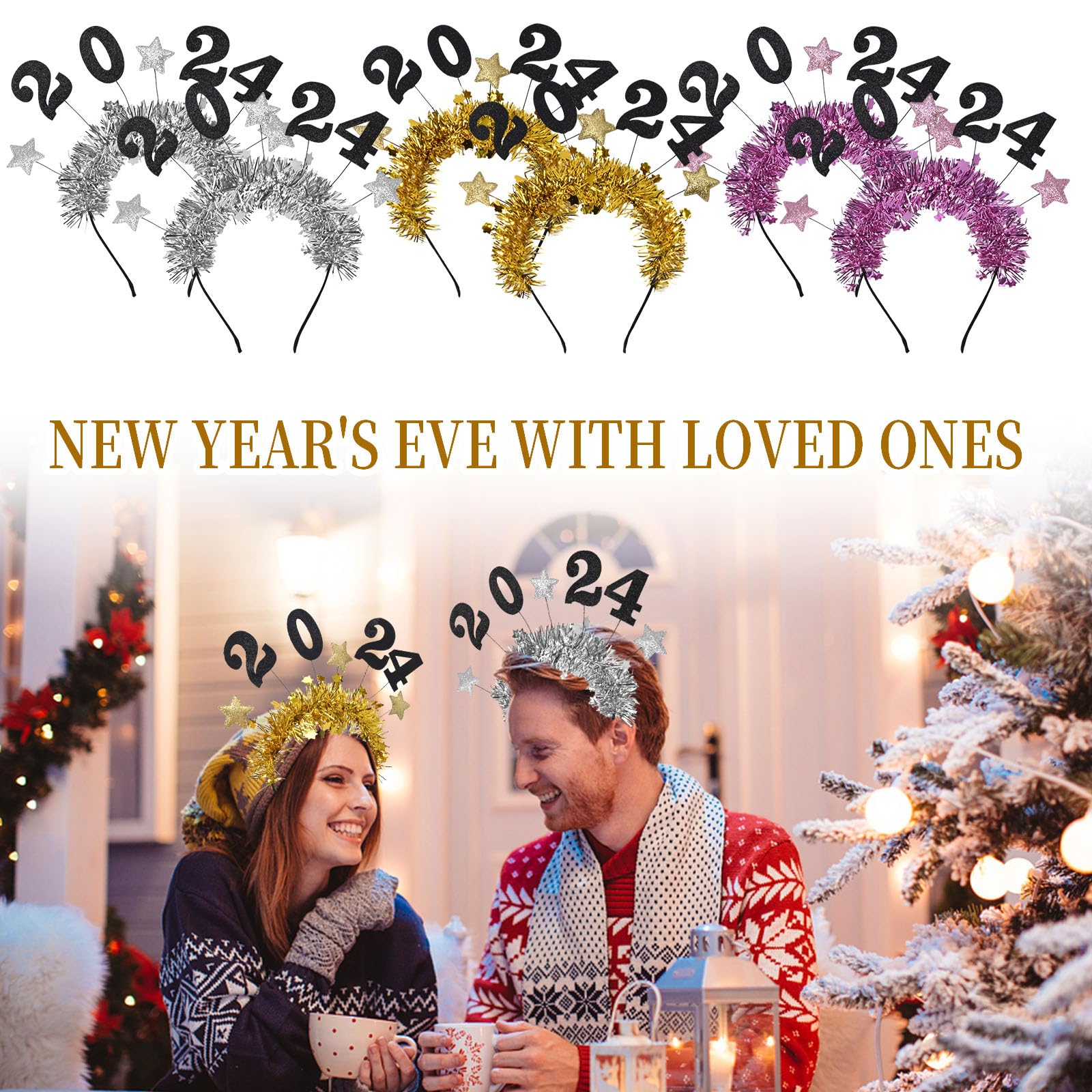 6Pcs Happy New Year Star Headband, 2024 New Year Headband, Glitter Star Sequins Headband, Star Tinsel Hairband, Glitter Hair Hoops, Tiara for 2024 New Years Eve Christmas