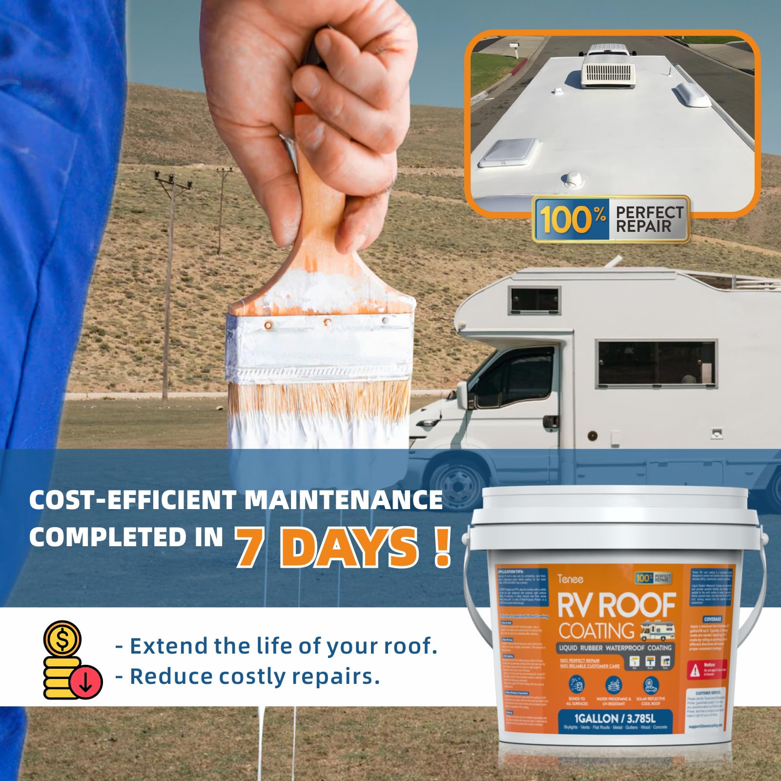 RV Roof Coating White, Waterproof Liquid Flexible Rubber Repair Coating, Solar Reflective Sealant for Easy Insulation & Leak Repair, Camper RV Roof Sealant for Metal Building, Trailer, Motorhome