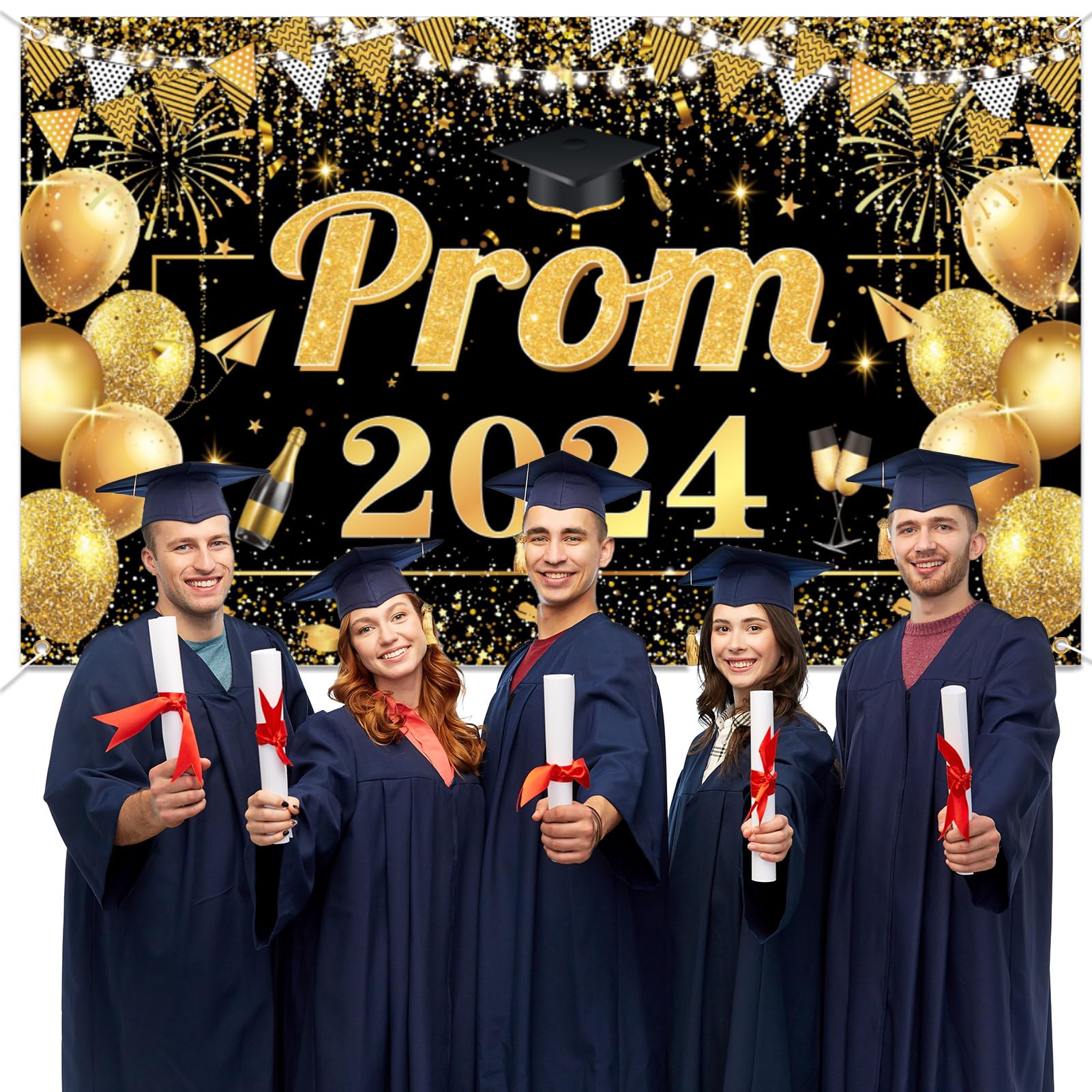 Qpout Prom 2024 Backdrop Black Gold Graduation Prom Night Class of 2024 Background Banner for Indoor Outdoor Grad University Student Graduation Prom Party Decorations,70.8 * 43.3inch