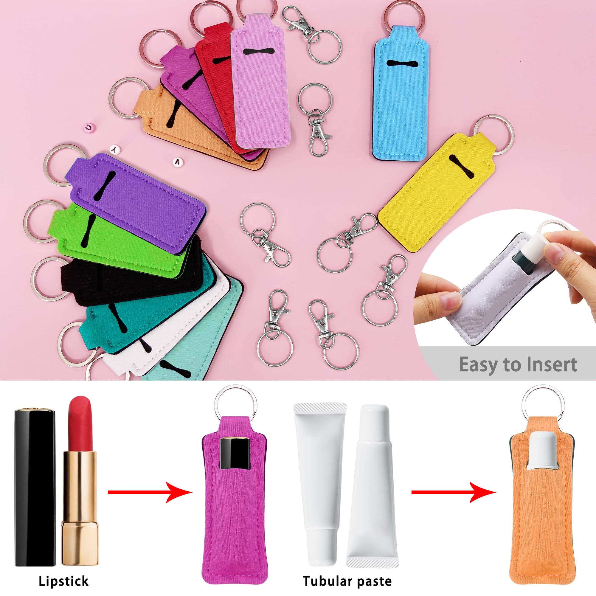 Duufin 24 Pieces Chapstick Keychain Holder Lip Balm Holder Keychains Neoprene Lipstick Holder with 24 Pieces Metal Clip Cords for Purse Backpack