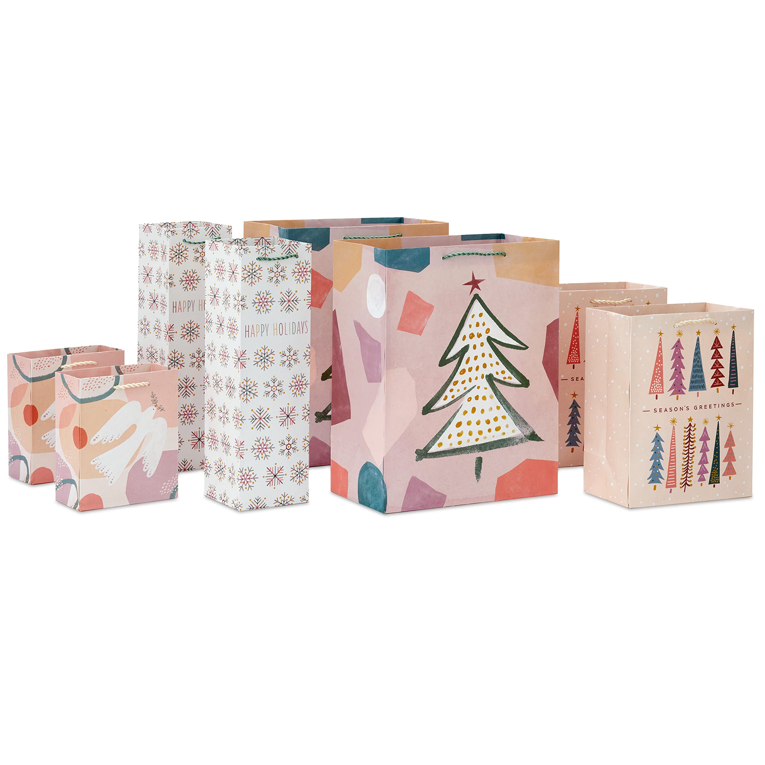 Hallmark Boho Christmas Gift Bag Assortment (8 Bags: 2 Small 6", 2 Medium 9", 2 Large 13", 2 Bottle Bags) in Pastel Pink, Purple, Hunter Green, White Dove, Snowflakes, Trees