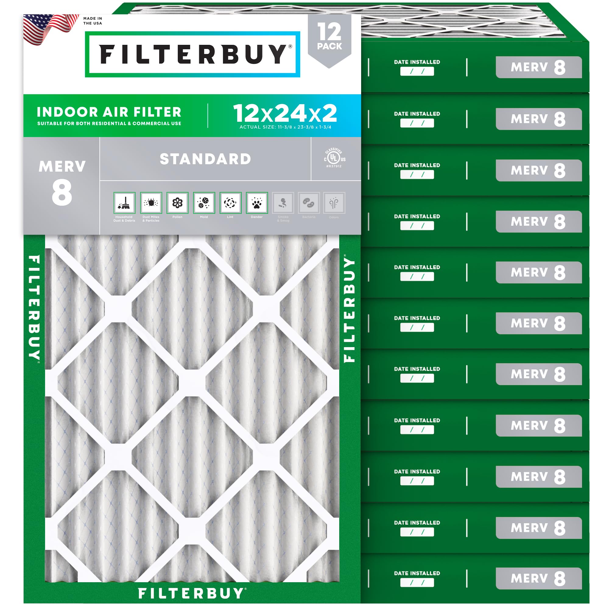 Filterbuy 12x24x2 Air Filter MERV 8 Dust Defense (12-Pack), Pleated HVAC AC Furnace Air Filters Replacement (Actual Size: 11.38 x 23.38 x 1.75 Inches)