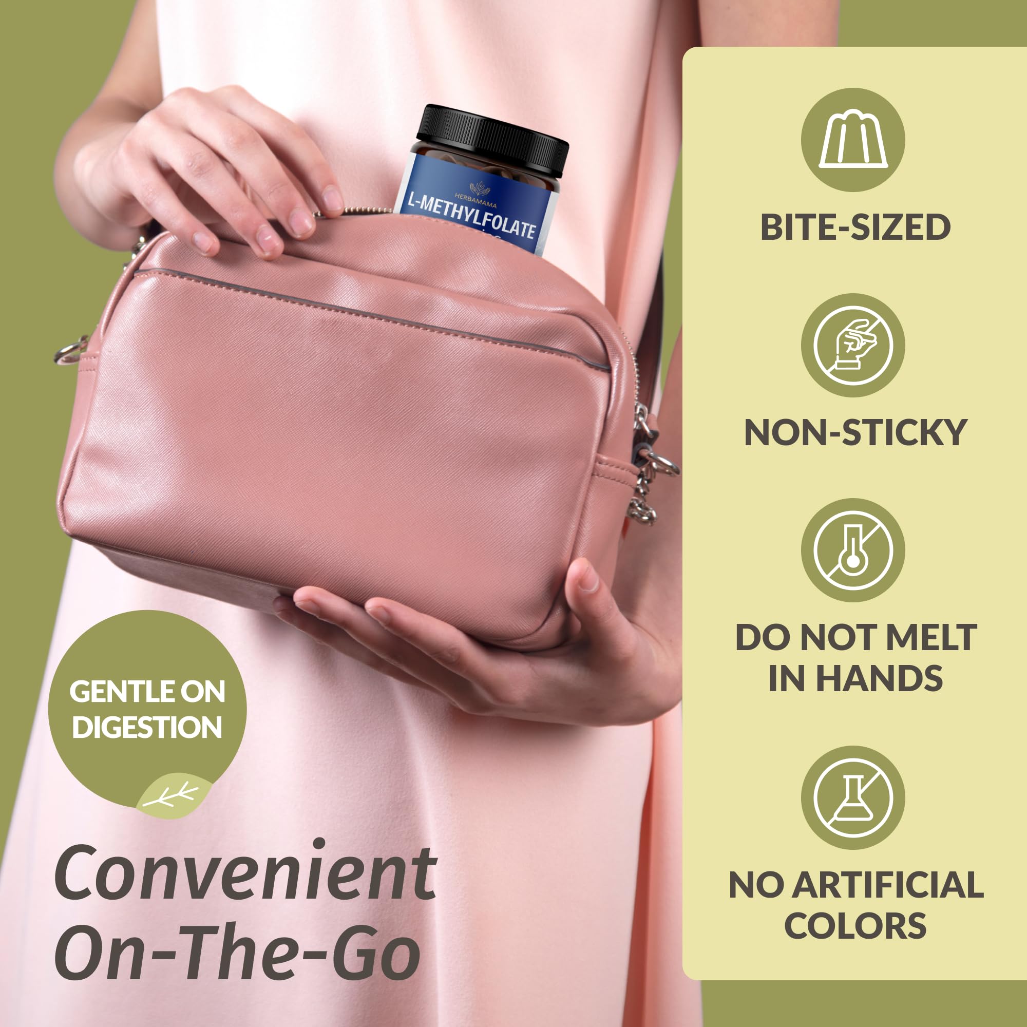 HERBAMAMA L-Methylfolate Gummies - 15mg 5-MTHF Calming Supplement for Adults - Vegan, Non-GMO Methylated Folate (Vitamin B9) for Brain Support - 60 Pectin-Based Blueberry-Flavored Chews