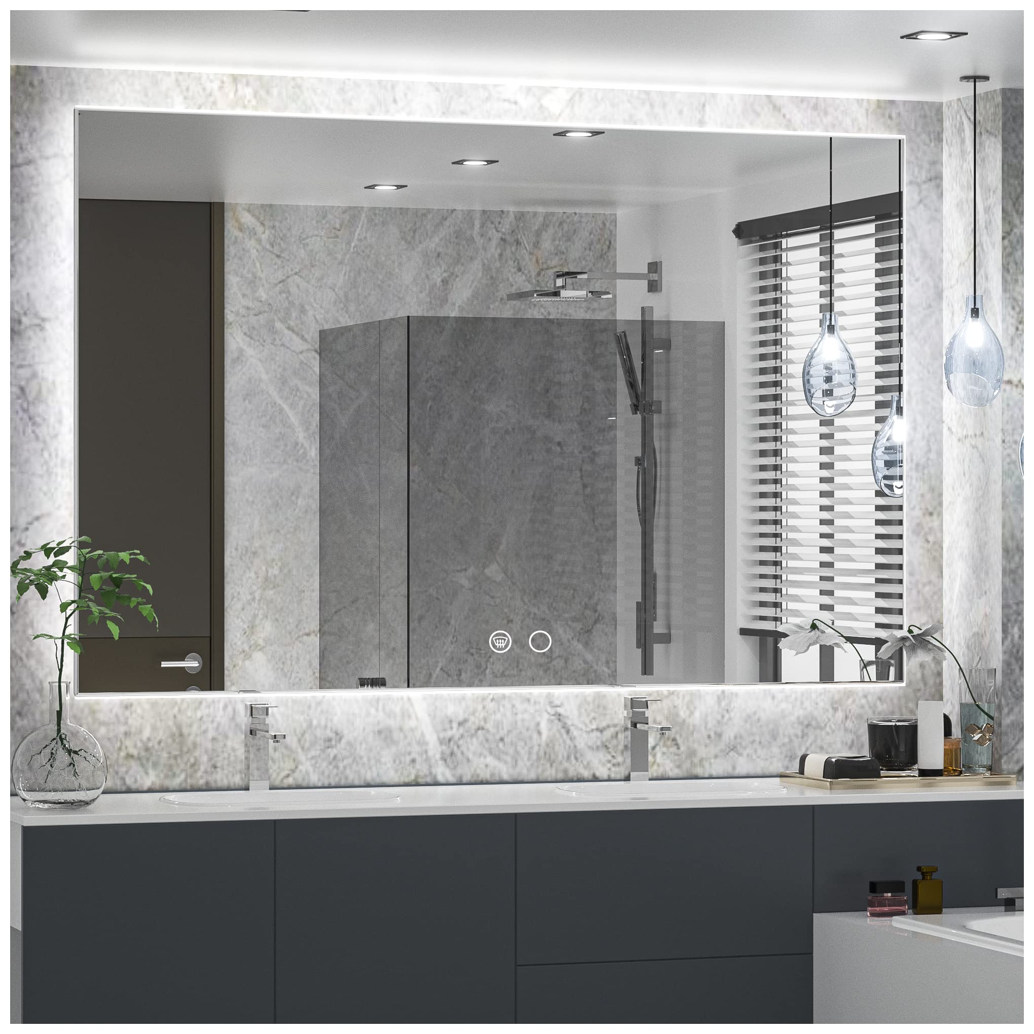 Keonjinn 55 x 36 Inch LED Bathroom Mirror with Lights Backlit Vanity Mirror Large Dimmable Wall Mounted Lighted Bathroom Mirror Anti-Fog Makeup Mirror with Memory Function(Horizontal/Vertical)