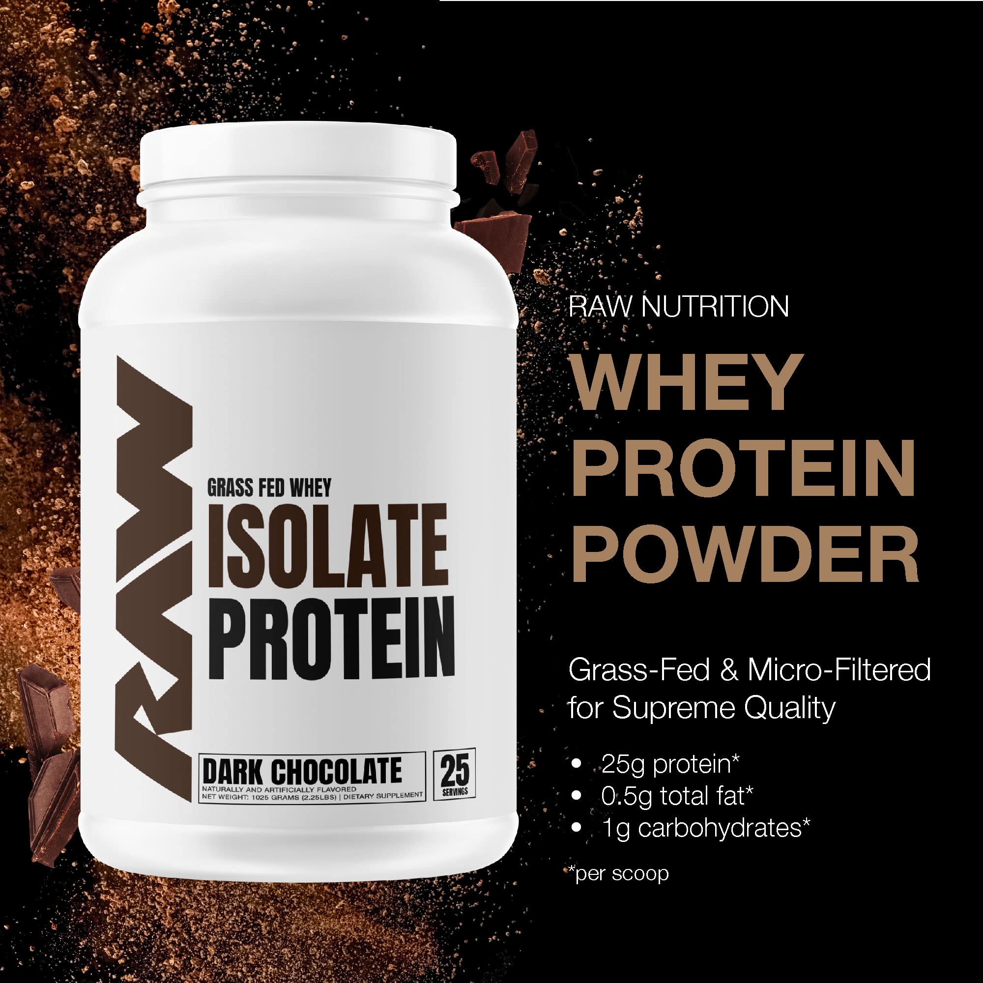 RAW Whey Isolate Protein Powder, Dark Chocolate - 100% Grass-Fed Sports Nutrition Whey Protein Powder for Muscle Growth & Recovery - Low-Fat, Low Carb, Naturally Flavored & Sweetened - 25 Servings