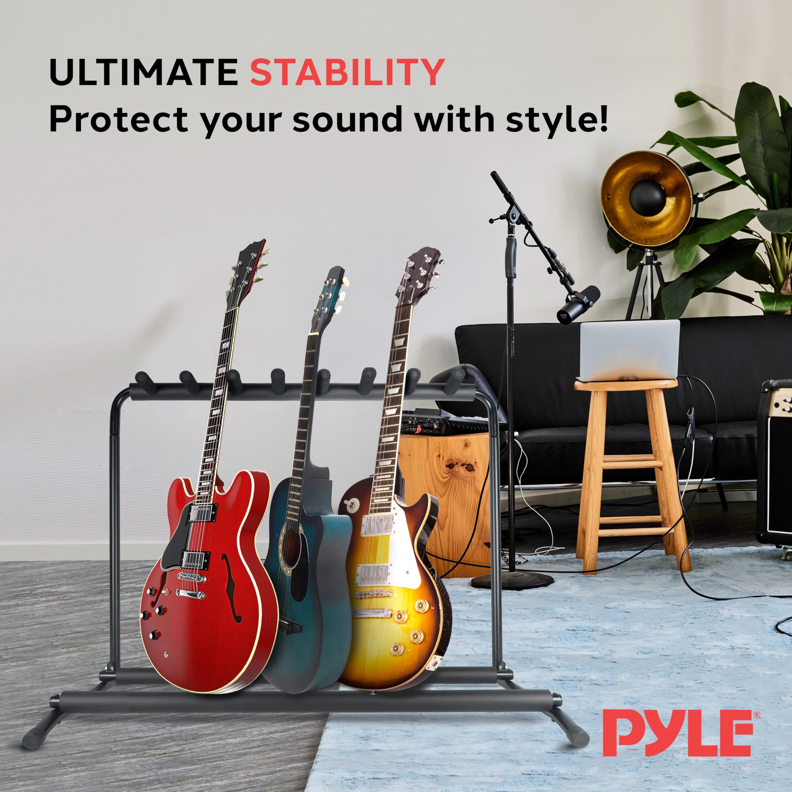 Pyle Multi-Guitar Stand 7 Slot Display Rack - Universal Framework Designed for Electric, Acoustic, Bass Guitars & Cases - Foldable, Portable, and Protective with No-Slip Non-Scratch Padding - Black