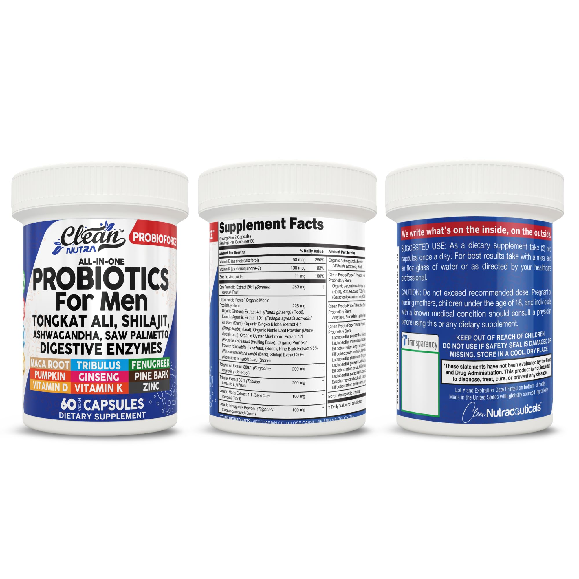 Clean Nutra Probiotics for Men | Tongkat Ali, Saw Palmetto, Tribulus, Ginseng, Ashwagandha, Maca, Pumpkin, Gingko Biloba, Pine Bark, Fenugreek, Shilajit, Zinc - Mens Probiotic 60 Capsules