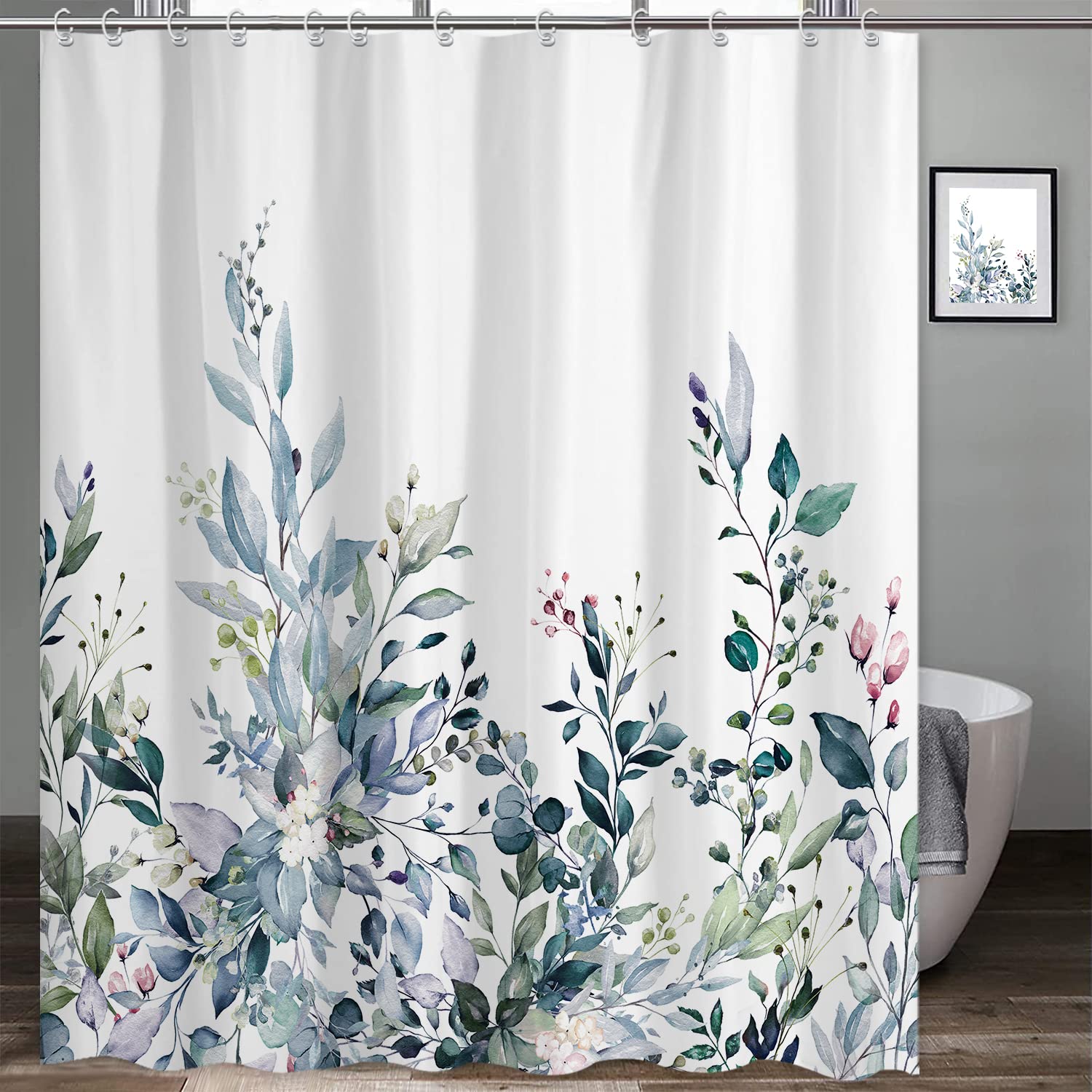 Ouyisha Floral Shower Curtain Blue and Green Leaves Shower Curtain Sets Watercolor Eucalyptus Flowers Fabric Boho Shower Curtain for Bathroom Decor Waterproof with Hooks, 72” X 72”