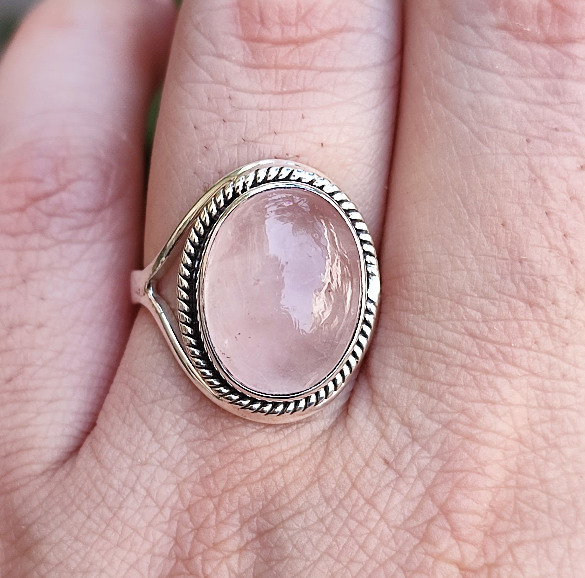 Navya Craft Rose Quartz Ring, 925 Sterling Silver Handmade Statement Promise Rings for Women, Natural Pink Oval Gemstone Boho Jewelry, January Birthstone, Gift for Her Birthday Anniversary (7.5)