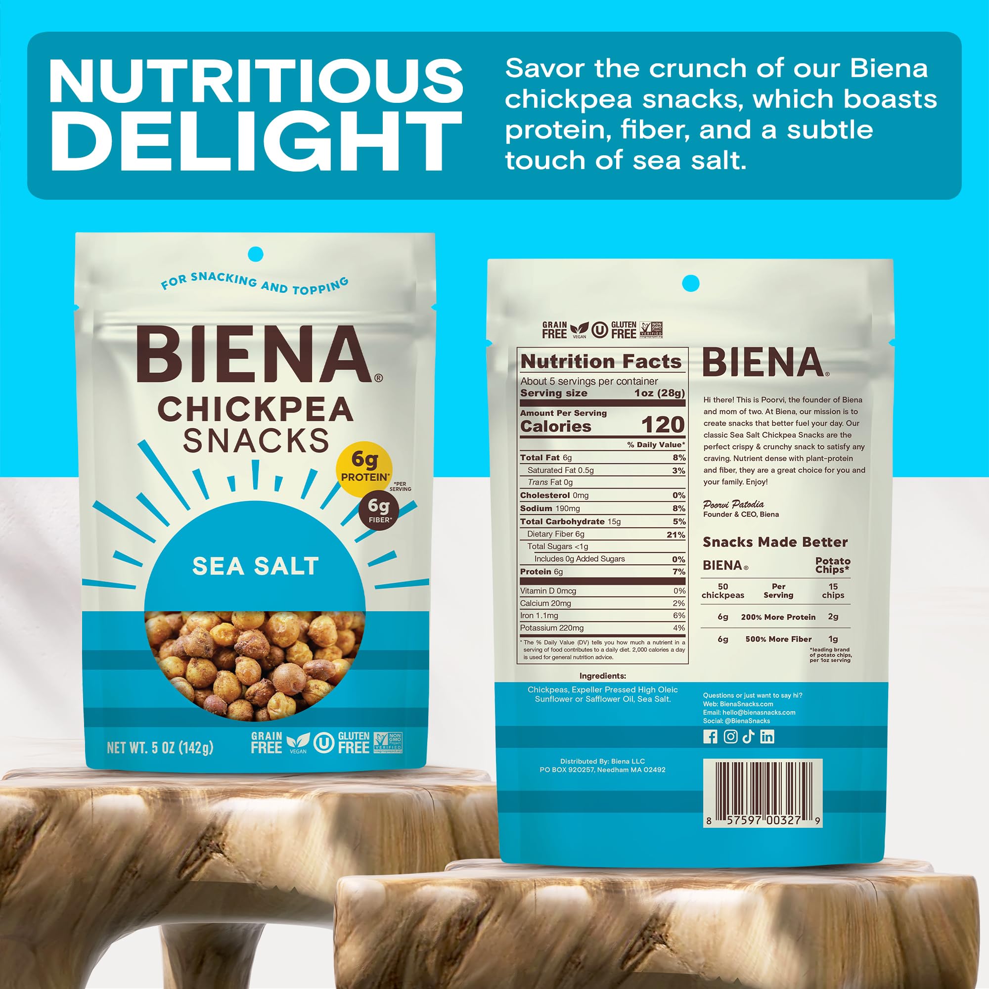 BIENA Chickpea Snacks - Crunchy Roasted Chickpeas - High Fiber Vegan Protein Snacks for Adults and Kids - 8-Pack, 5 Ounce Bags - Sea Salt