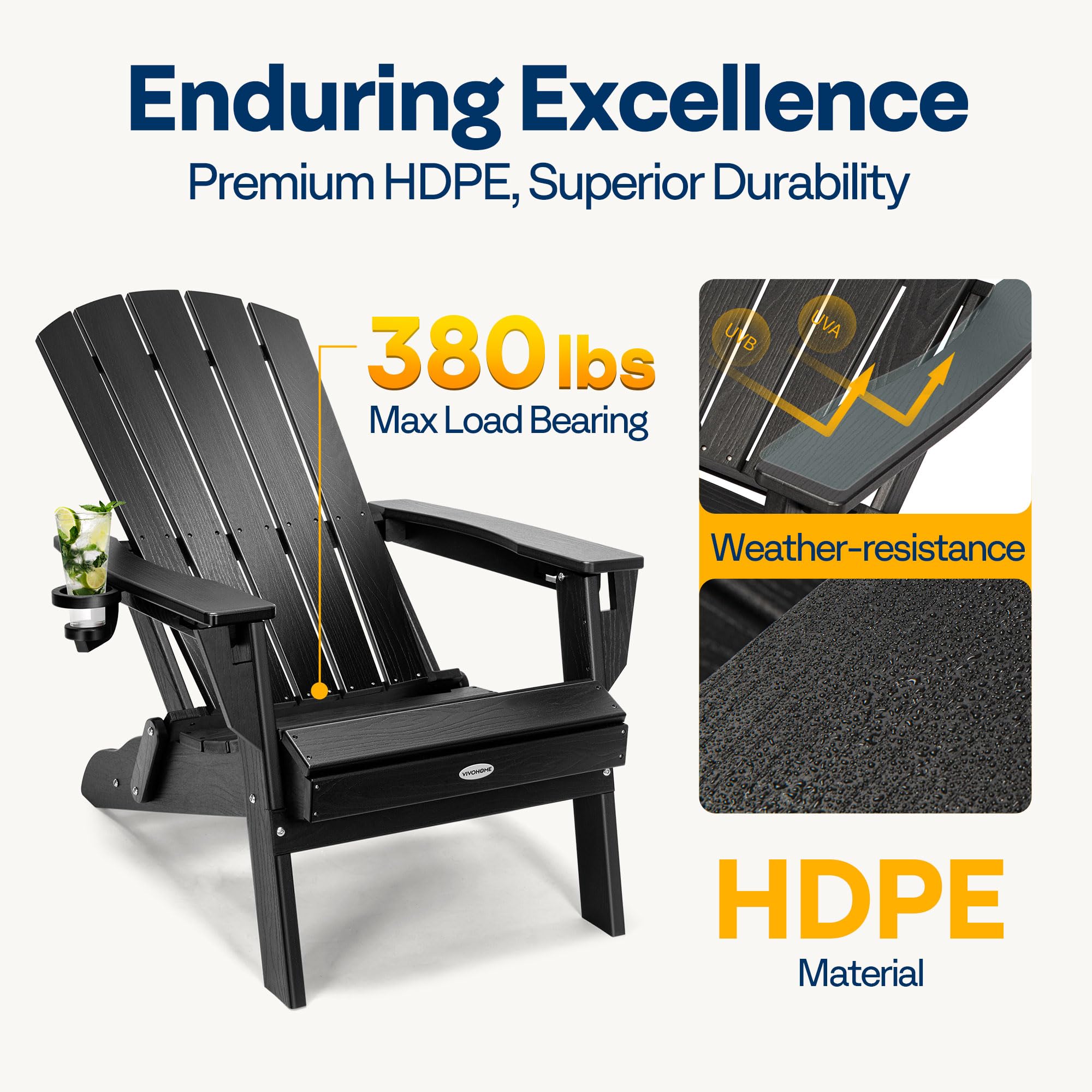 VIVOHOME HDPE Adirondack Chair, Foldable Fire Pit Chair with 3 Adjustable Angles, Cup Holder and Weather-Resistant Wood-Grain Look, Ideal for Patio, Garden, Deck