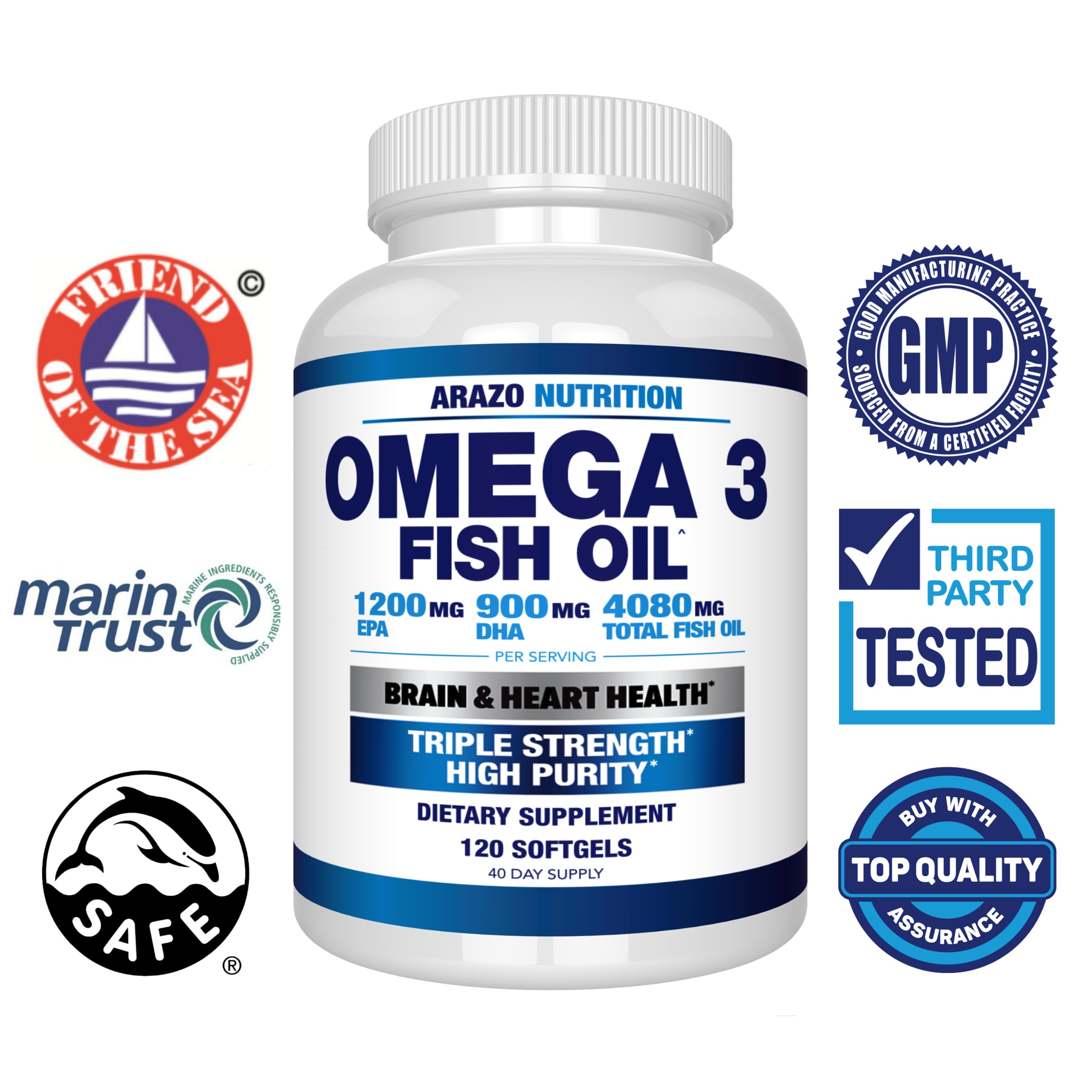 Arazo Nutrition Wild Caught Omega 3 Fish Oil – 120 Soft Gels – 4,080mg High EPA 1200mg DHA 900mg Lemon Flavor Burpless Softgels