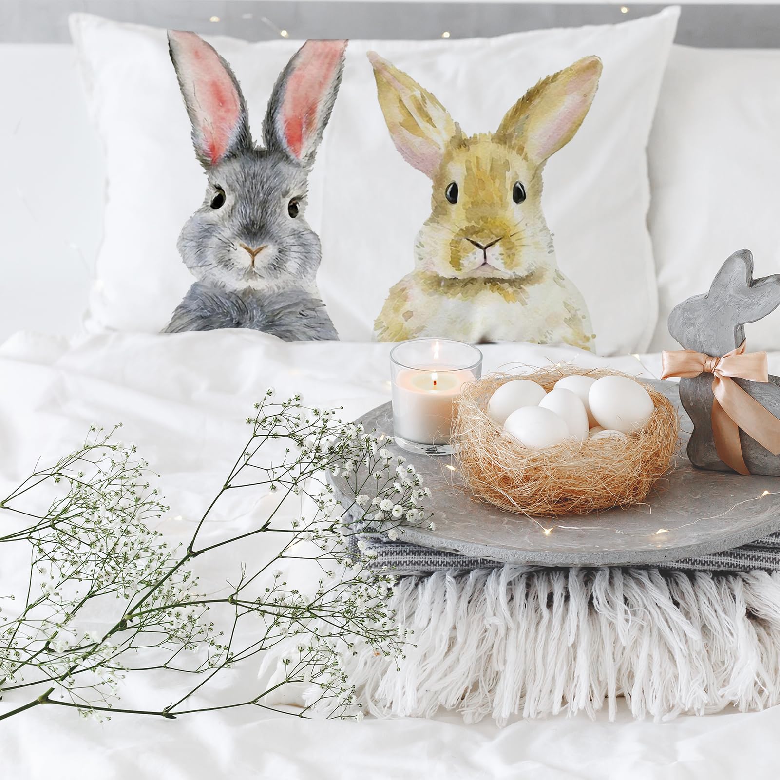 Ogiselestyle Welcome Easter Bunny Throw Pillow Cover, 12 x 20 Inch Spring Rabbit Cushion Case Decoration for Sofa Couch