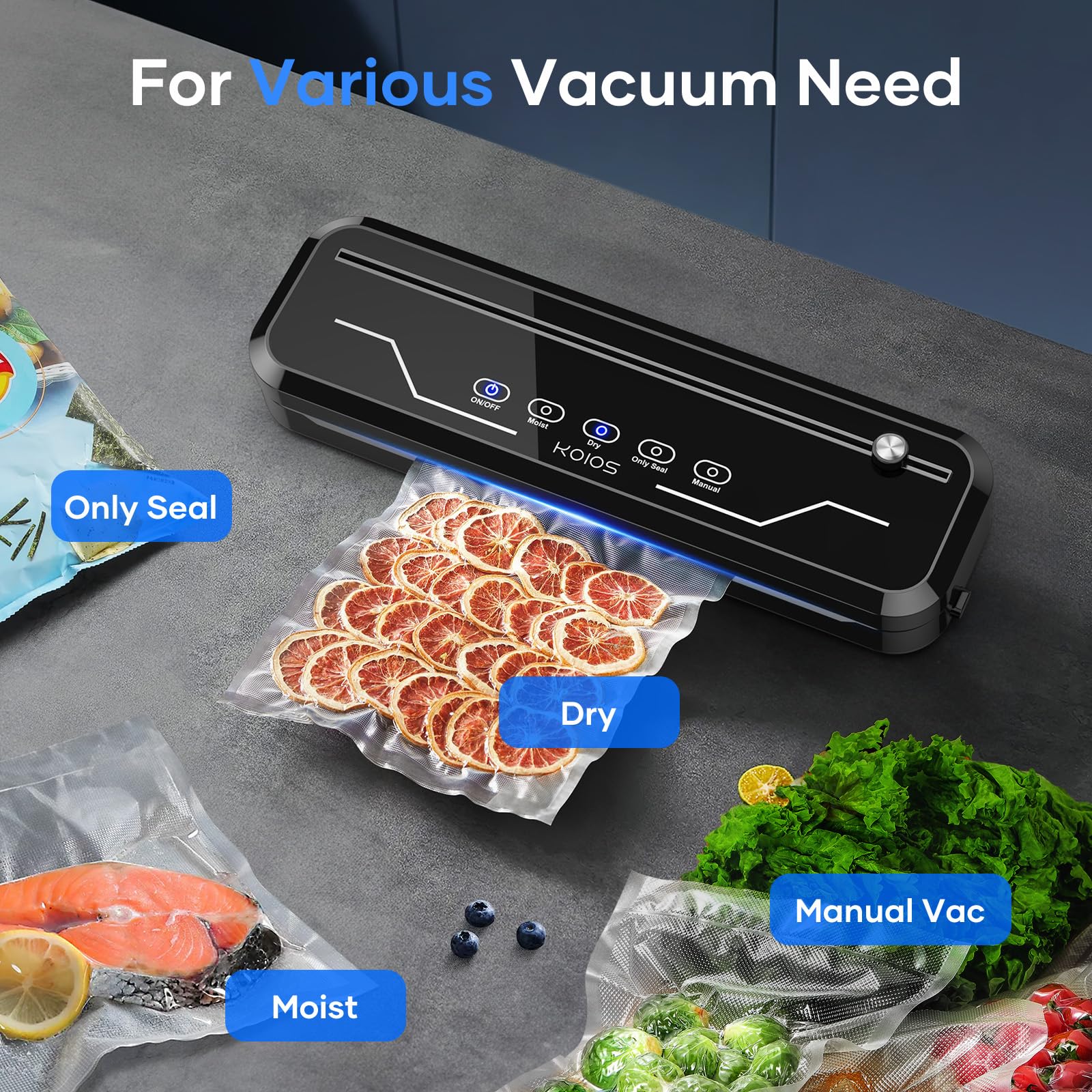 KOIOS Vacuum Sealer Machine, Food Vacuum Saver Automatic Air Sealing 80Kpa with Starter Kits | 15 Bags, Build-in Cutter, Moist&Dry Mode and External VAC for Jars and Containers(Black)