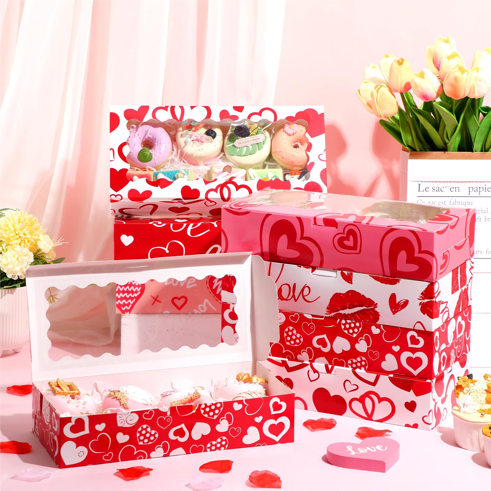 Maxcheck 48 Pieces Valentine's Day Treat Boxes Valentine Heart Cookie Boxes with Window 12 x 5.5 x 2.5 Valentine Bakery Boxes Heart Gift Boxes Candy Heart Containers for Valentine Party Favors