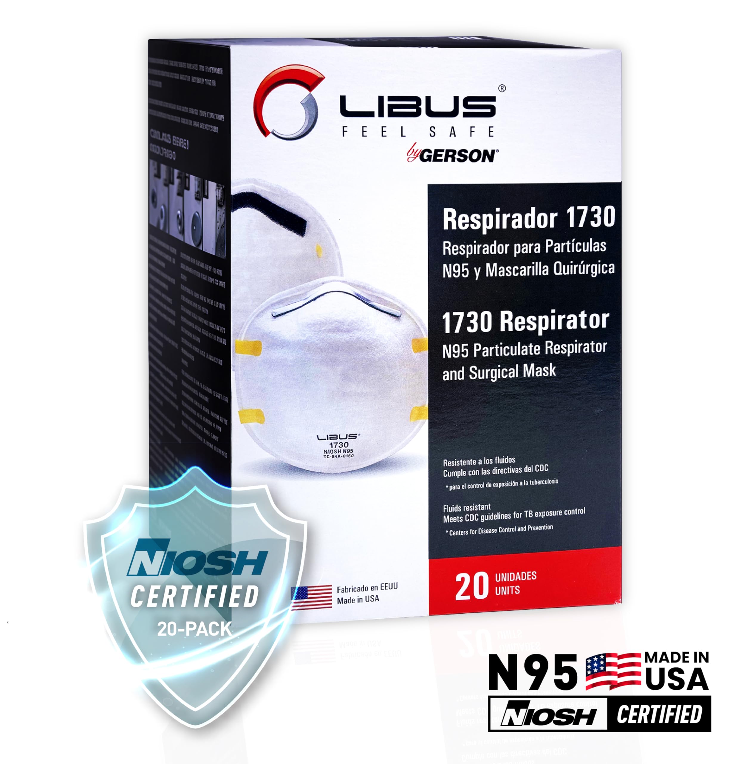 LIBUS N95 Mask NIOSH certified Made in USA, Contoured Adjustable Nose Clip, Collapse Resistant Double-Shell (20 pack)