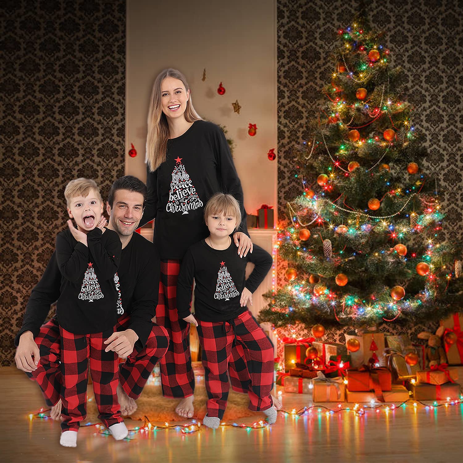 Onancehim Matching Christmas Pajamas for Family, Funny Holiday Cute Let It Snow Print Tops and Plaid Pants Xmas Sleepwear Pjs Set (Youth, 2-3T, Black)