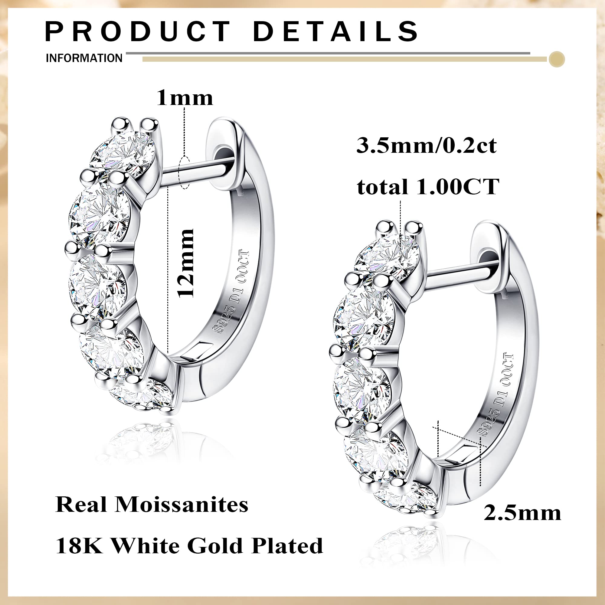 Moissanite Hoop Earrings,2.0ct D Color Brilliant Round Cut Lab Created Diamond Earrings 18K White Gold Sterling Silver Huggie Earring for Women Men Wedding Earrings Silver (Silver)