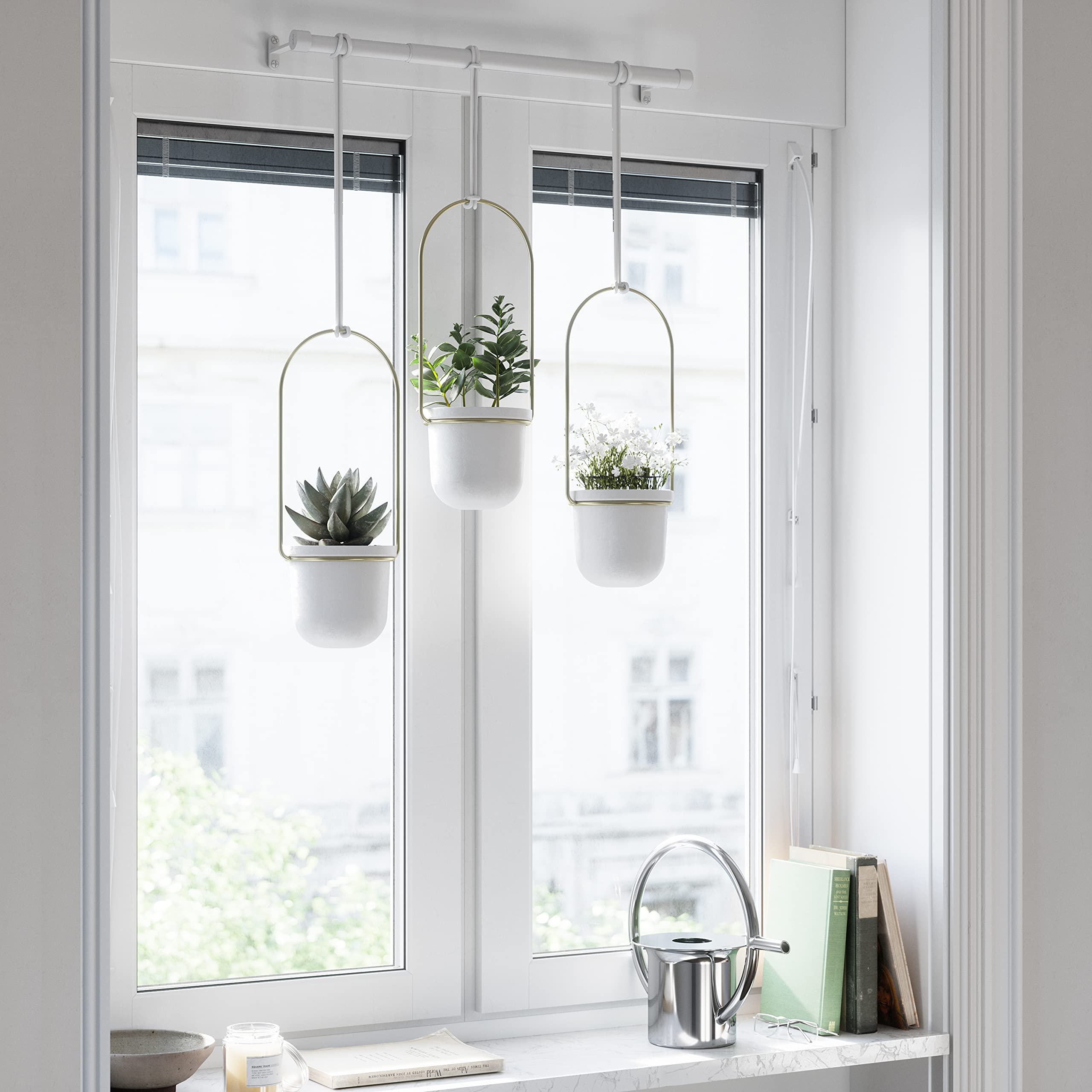 Umbra Triflora Hanging Planter for Window, Indoor Herb Garden, Set of 3, White/Brass