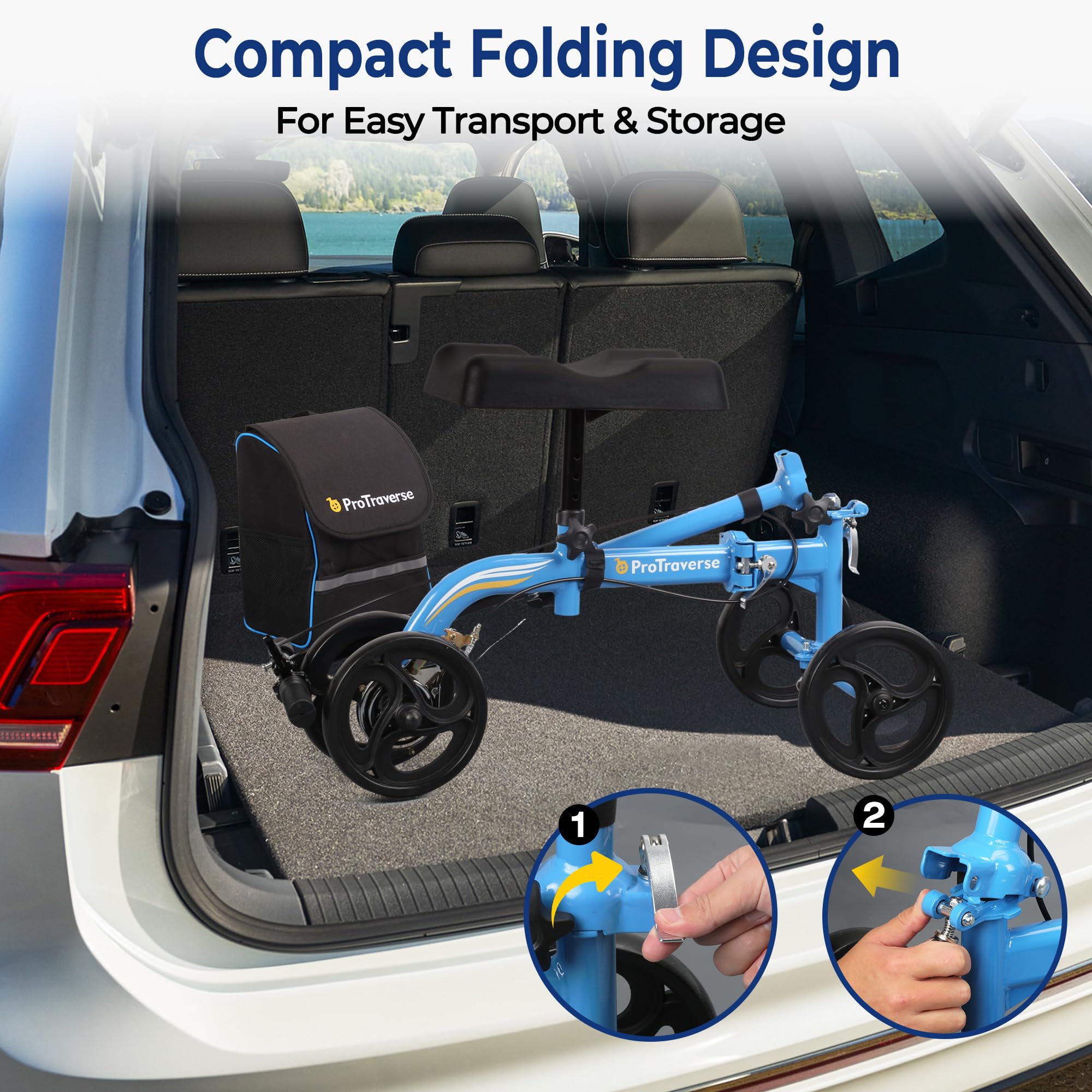 ProTraverse Knee Scooter for Adults, Foldable & Steerable Knee Walker with Comfort Knee Pad, Crutch Alternative for Adults，Medical Mobility Aid for Foot Surgery, Broken Foot & Ankle Injury,Blue